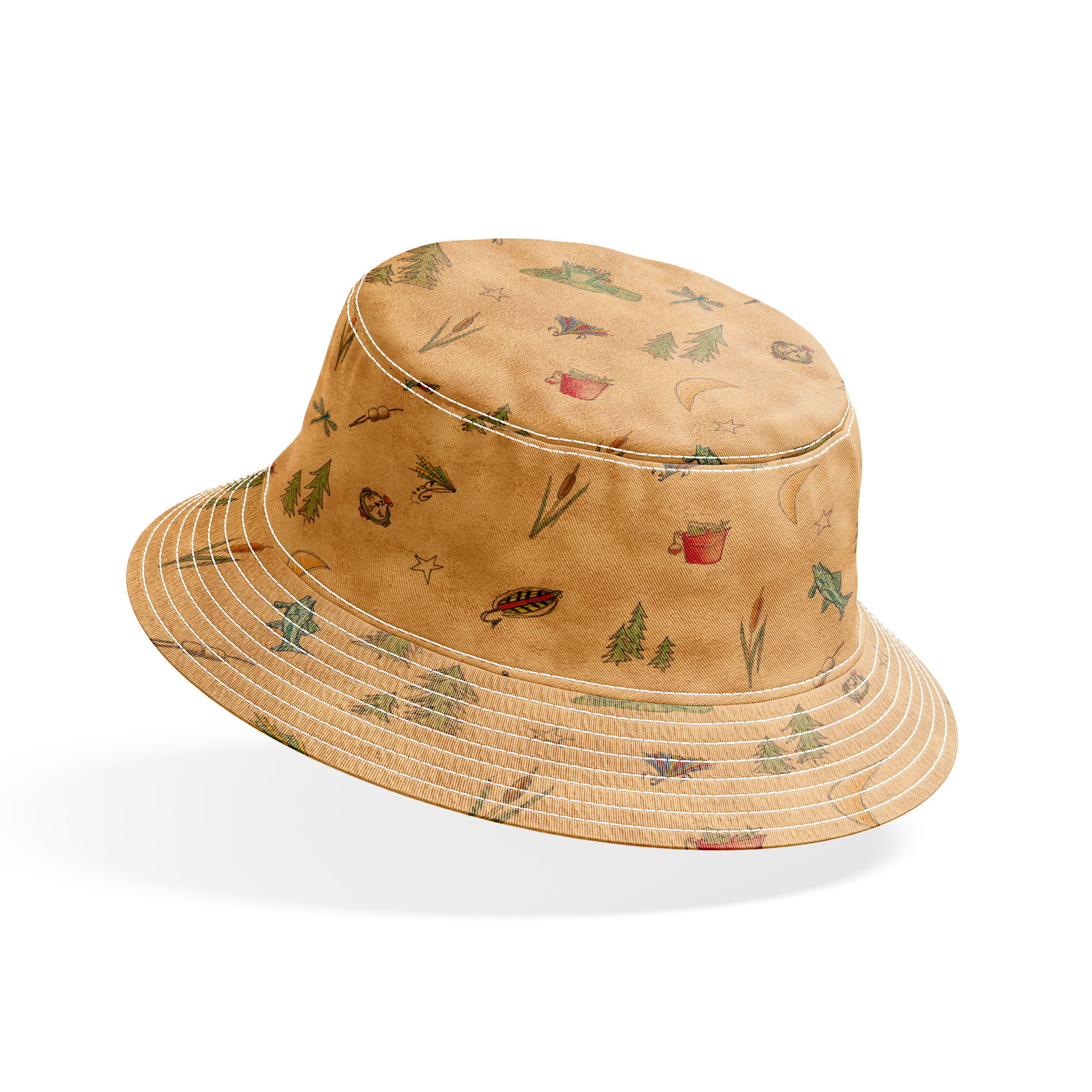 Outdoor camping pattern with tents, trees, lanterns, and nature elements on beige background bucket hat mockup