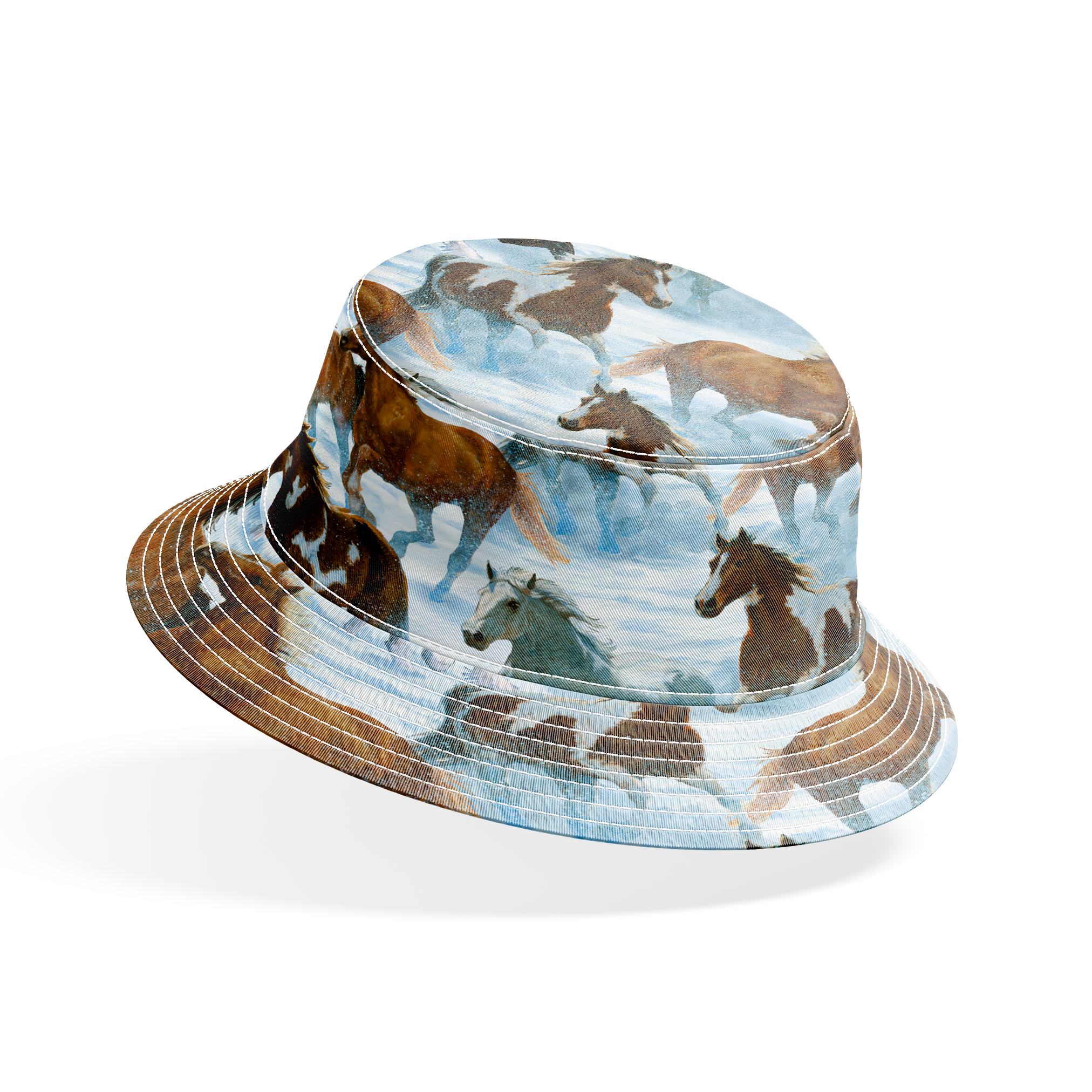 Wild horses running through snowy landscape in various brown, black and gray colors bucket hat mockup