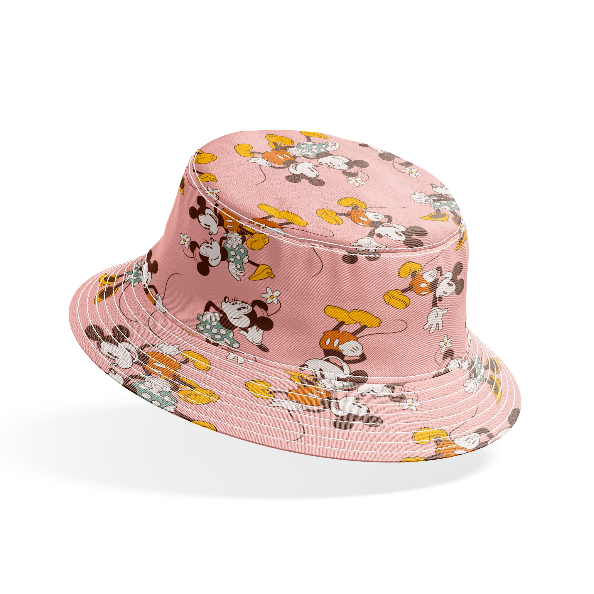 Mickey and Minnie Mouse characters in vintage style on pink background with repeated pattern bucket hat mockup