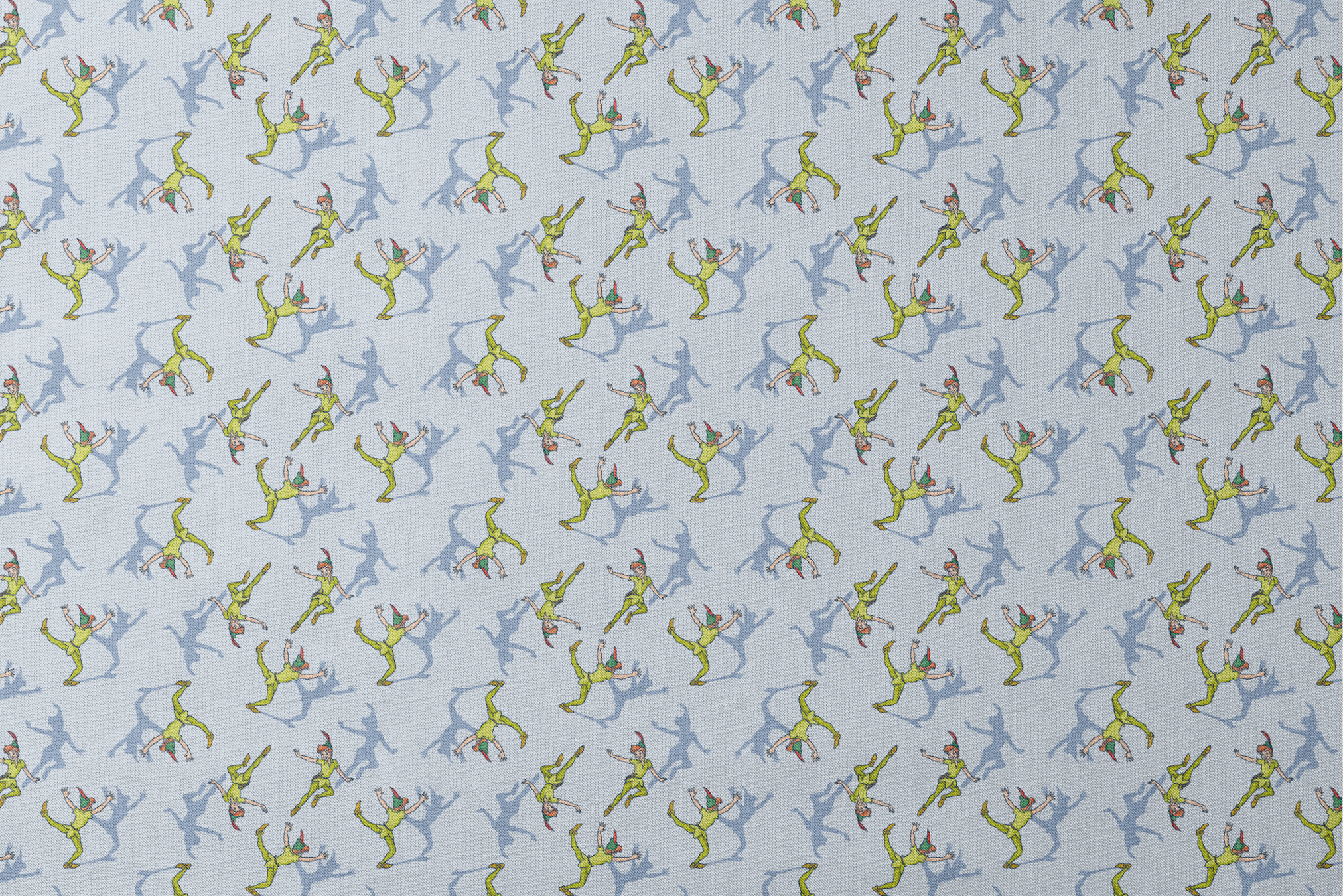 Colorful cartoon figures in bright green outfits with red accents dancing against a light blue background with shadows designs flat mockup