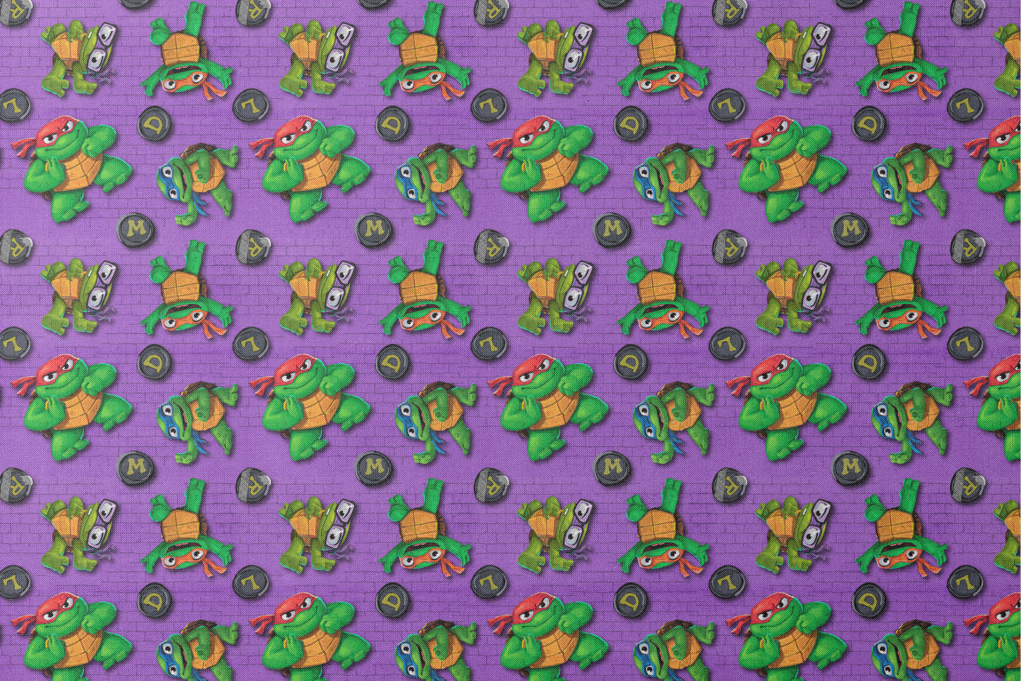 Teenage Mutant Ninja Turtles characters on a purple brick background with lettered manhole covers. designs flat mockup