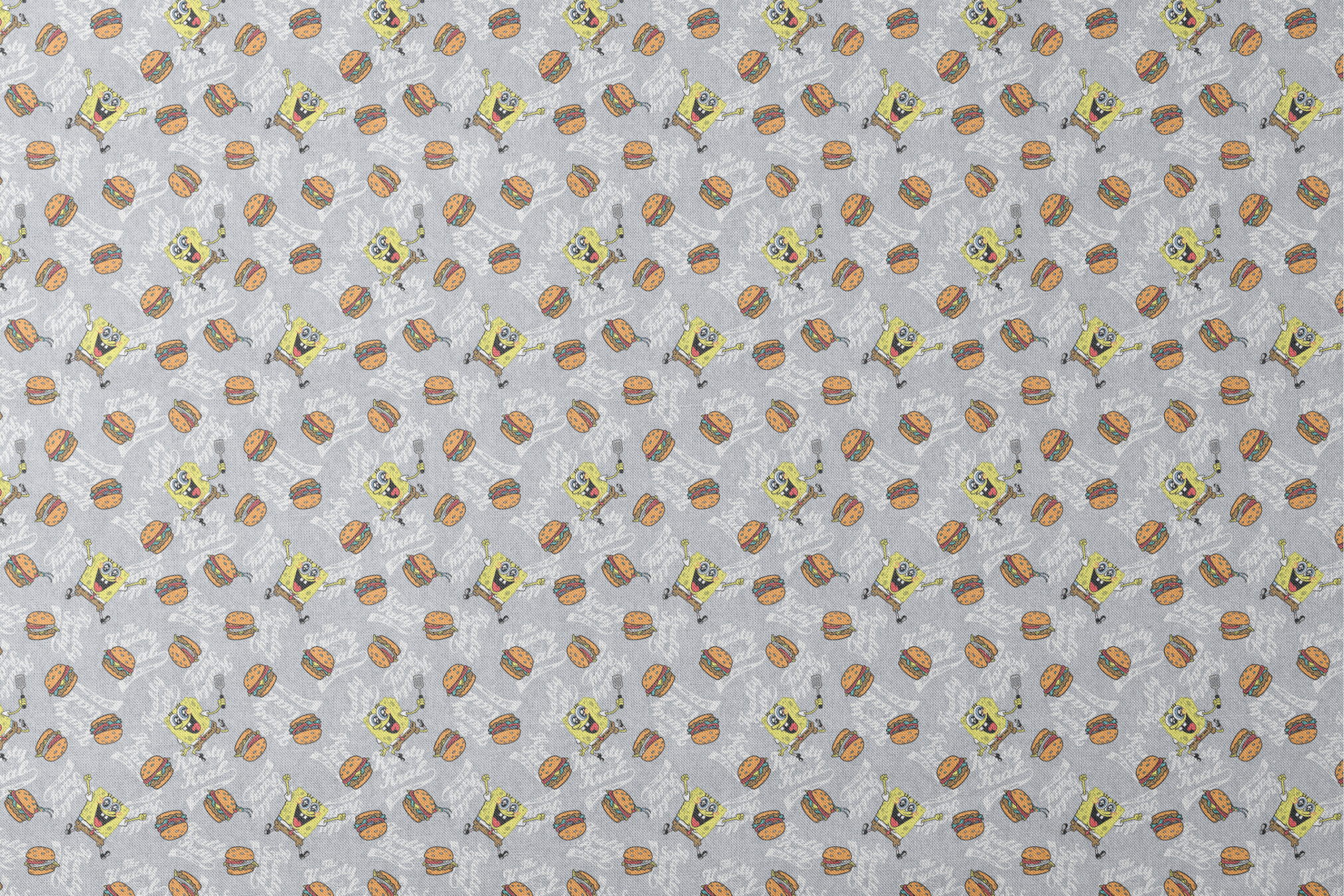 SpongeBob surrounded by Krabby Patties, spatulas, and “The Krusty Krab” text on a heather gray background in a playful cartoon-style design. designs flat mockup