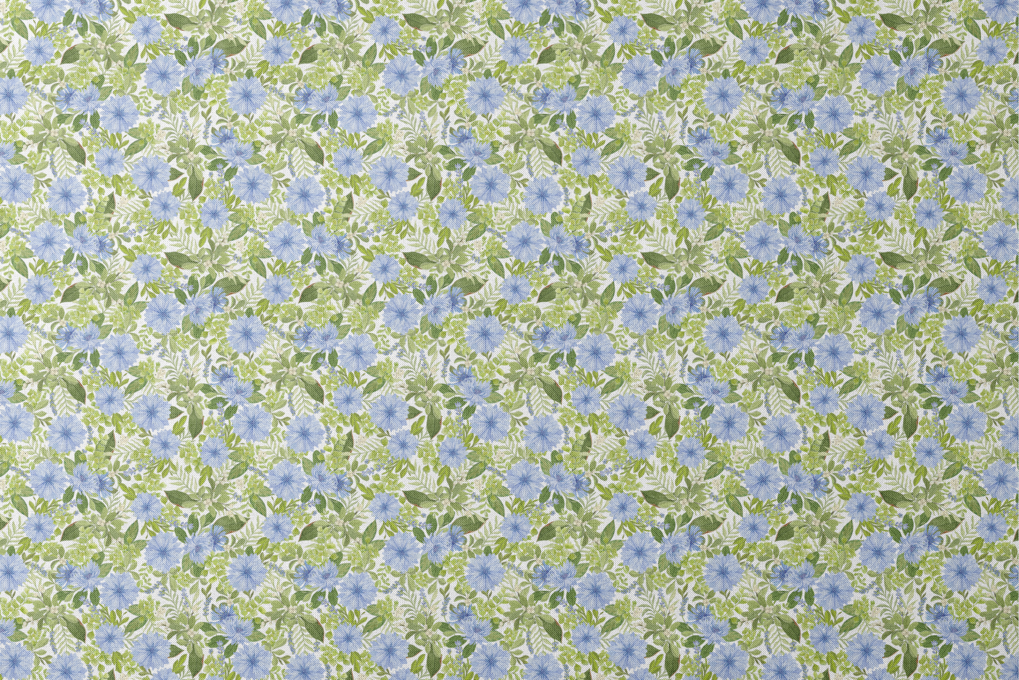 Watercolor-style botanical fabric pattern featuring blue wildflowers and soft green foliage on a white background. Designed by Nicole Tamarin. designs flat mockup