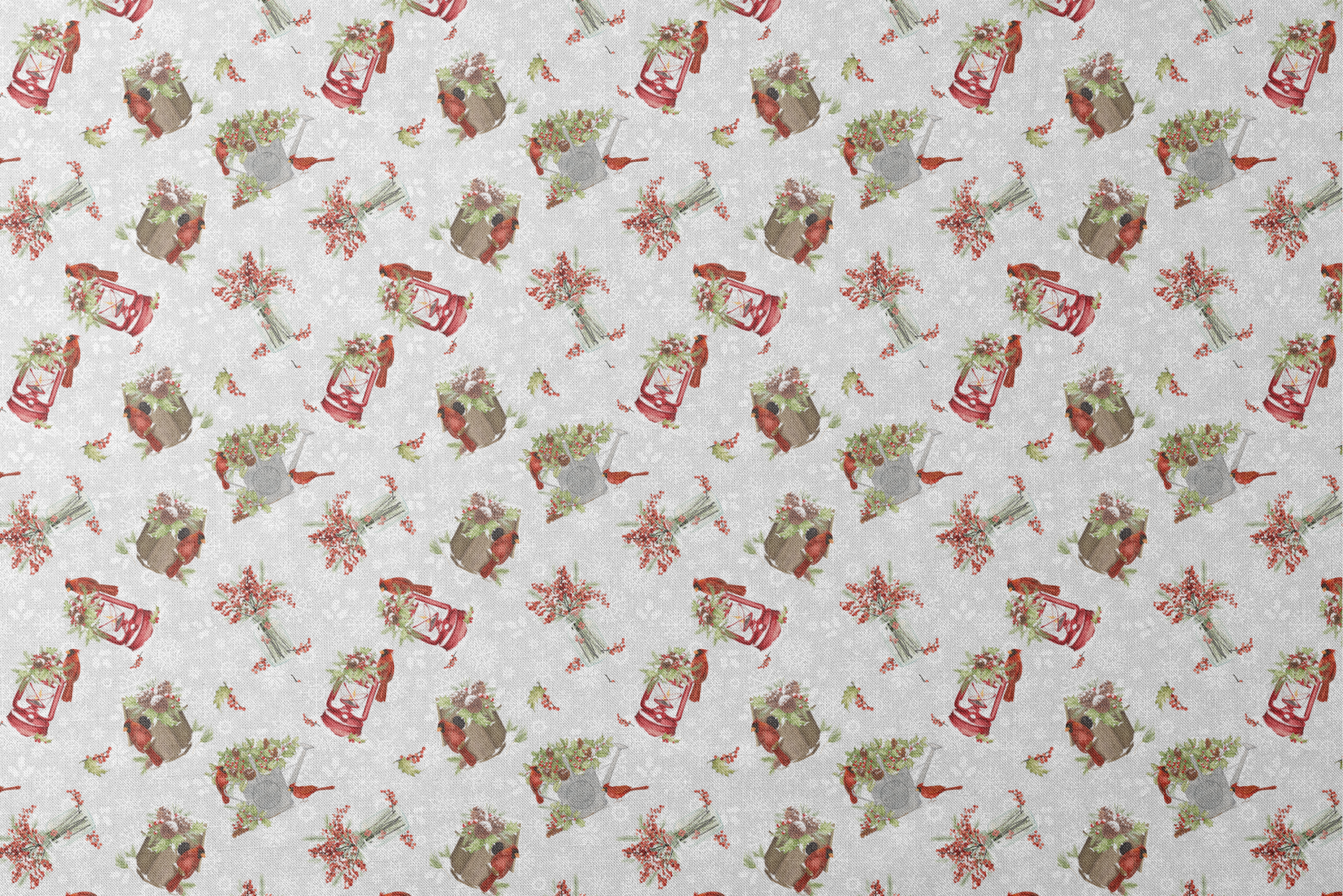 Red cardinals perched among holly berries, pine sprigs, lanterns, and rustic containers on a soft snowy background with snowflake details by Nicole Tamarin designs flat mockup