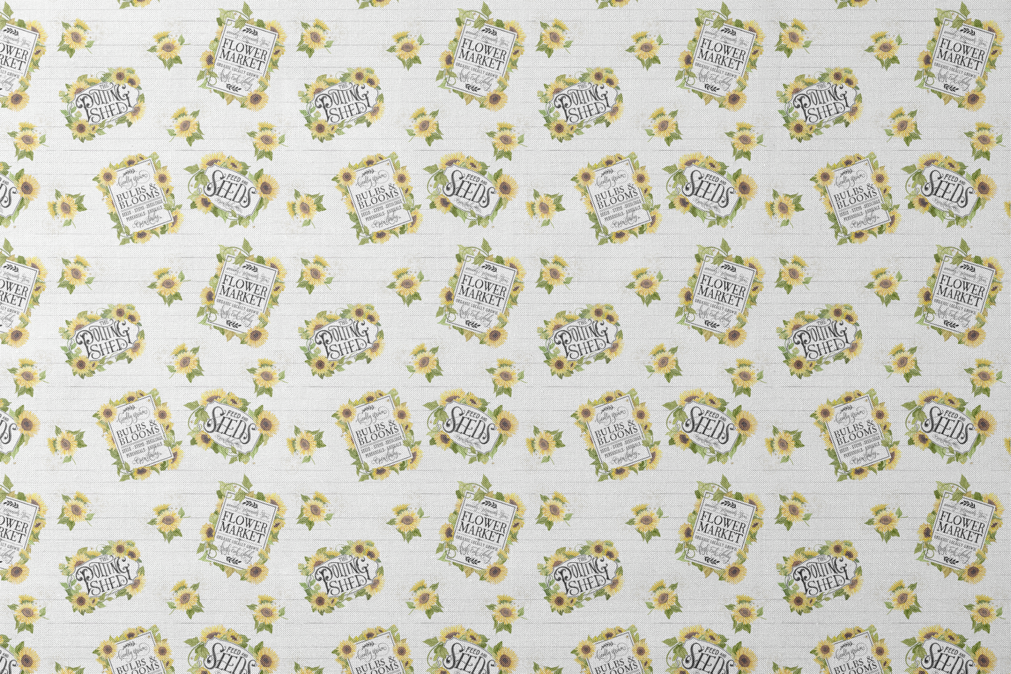 Watercolor sunflower clusters with vintage-style gardening labels on a white shiplap background, designed by Nicole Tamarin. designs flat mockup