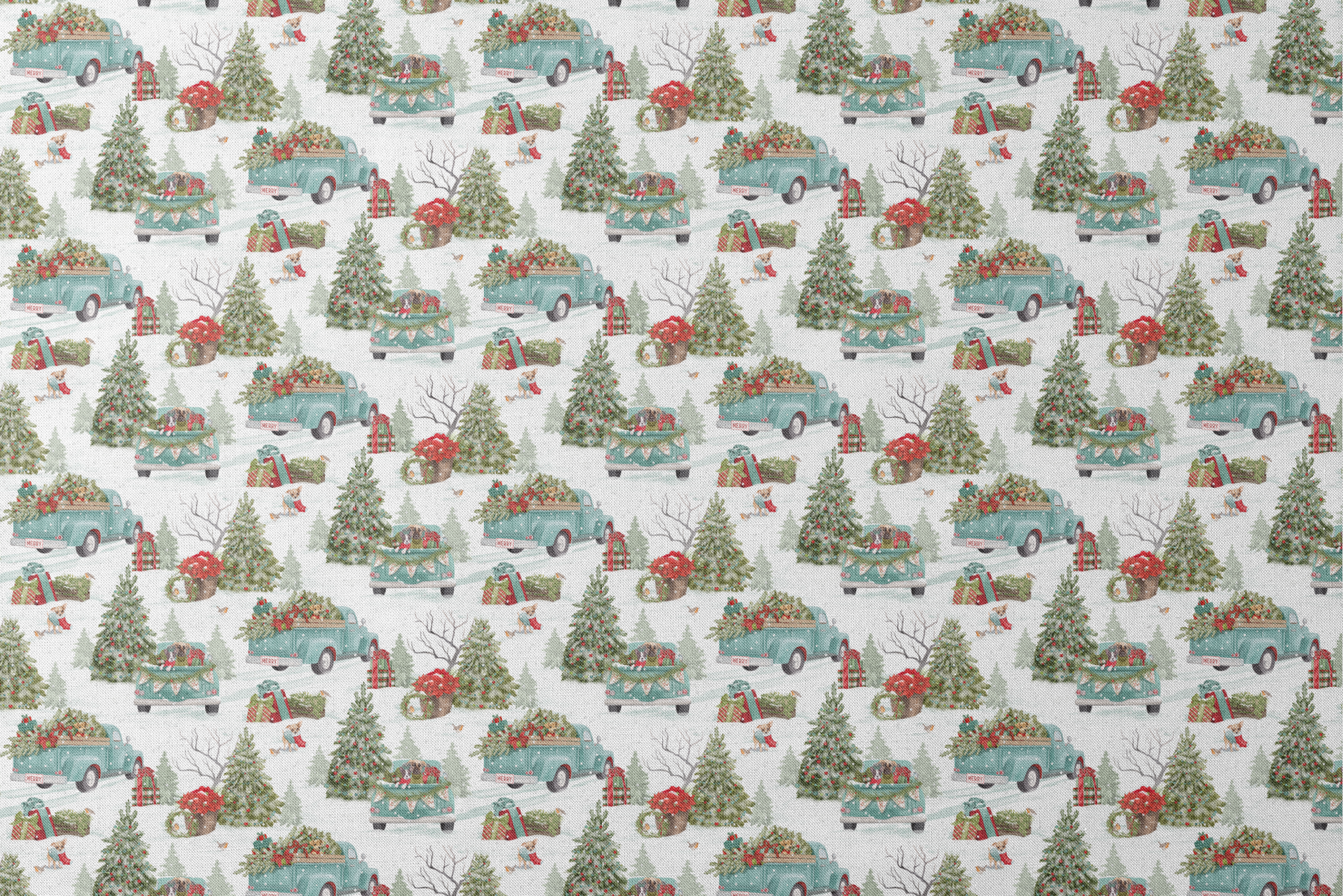 Vintage-style holiday fabric by Nicole Tamarin featuring teal trucks with Christmas trees, dogs, snow, and gifts in a festive winter landscape. designs flat mockup
