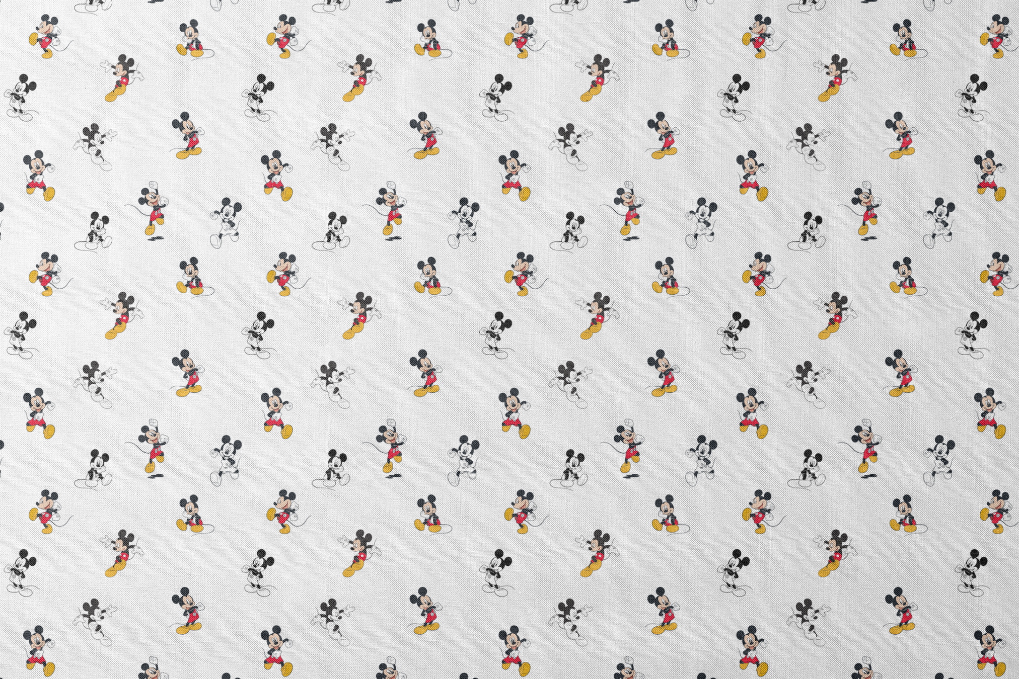 Repeating pattern of Mickey Mouse cartoon characters in various poses on white background designs flat mockup