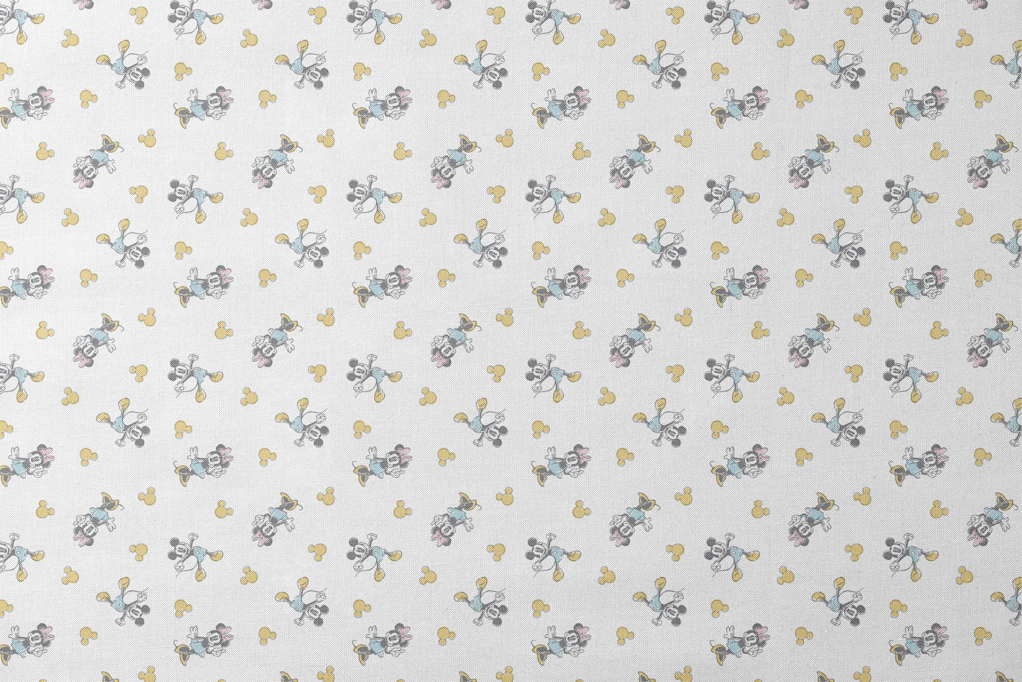 Mickey Mouse characters in light blue outfits scattered on white background with yellow Mickey silhouettes designs flat mockup