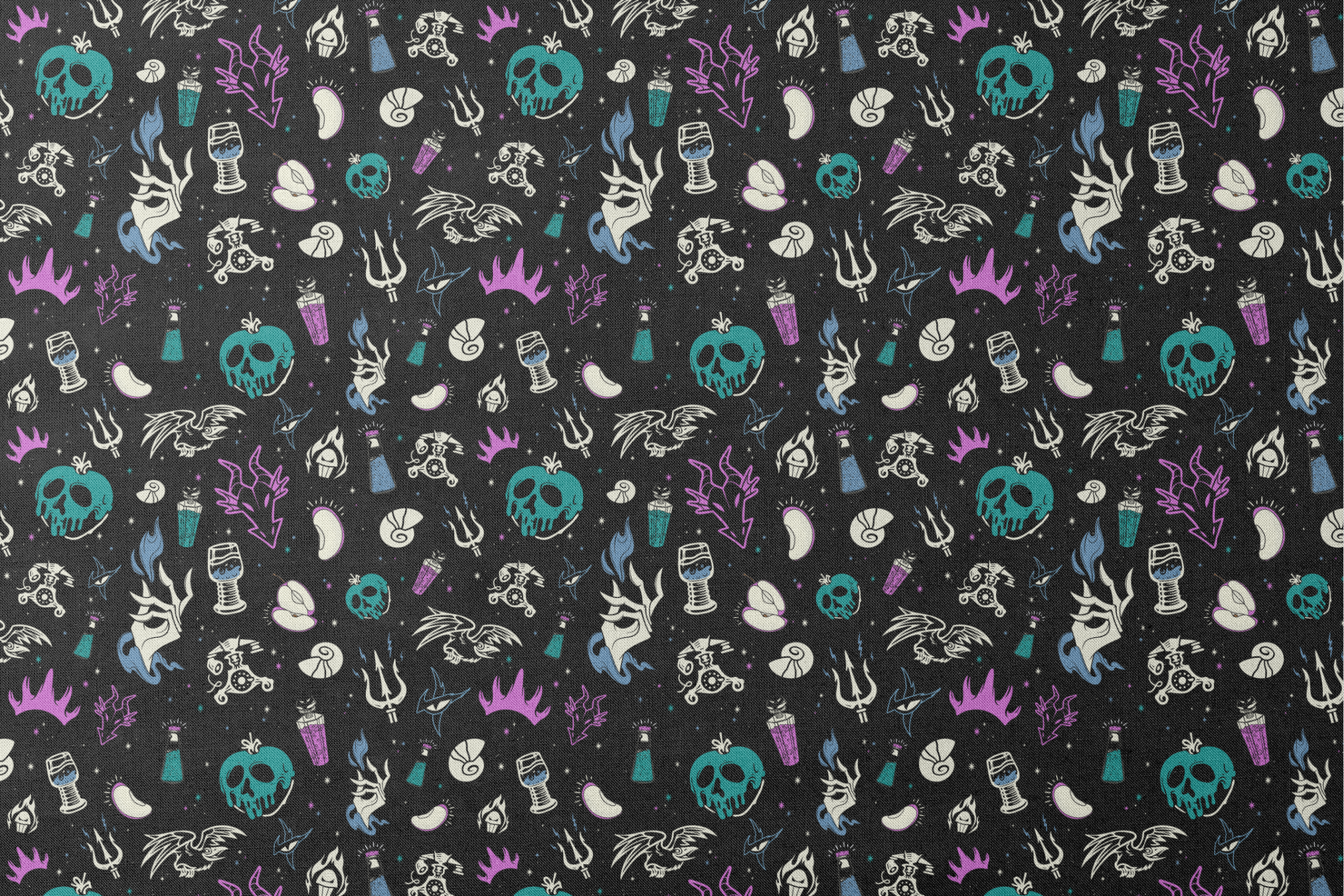 Gothic pattern with Disney villain-inspired icons like skulls, potions, and flames in teal, purple, and blue on black background. designs flat mockup