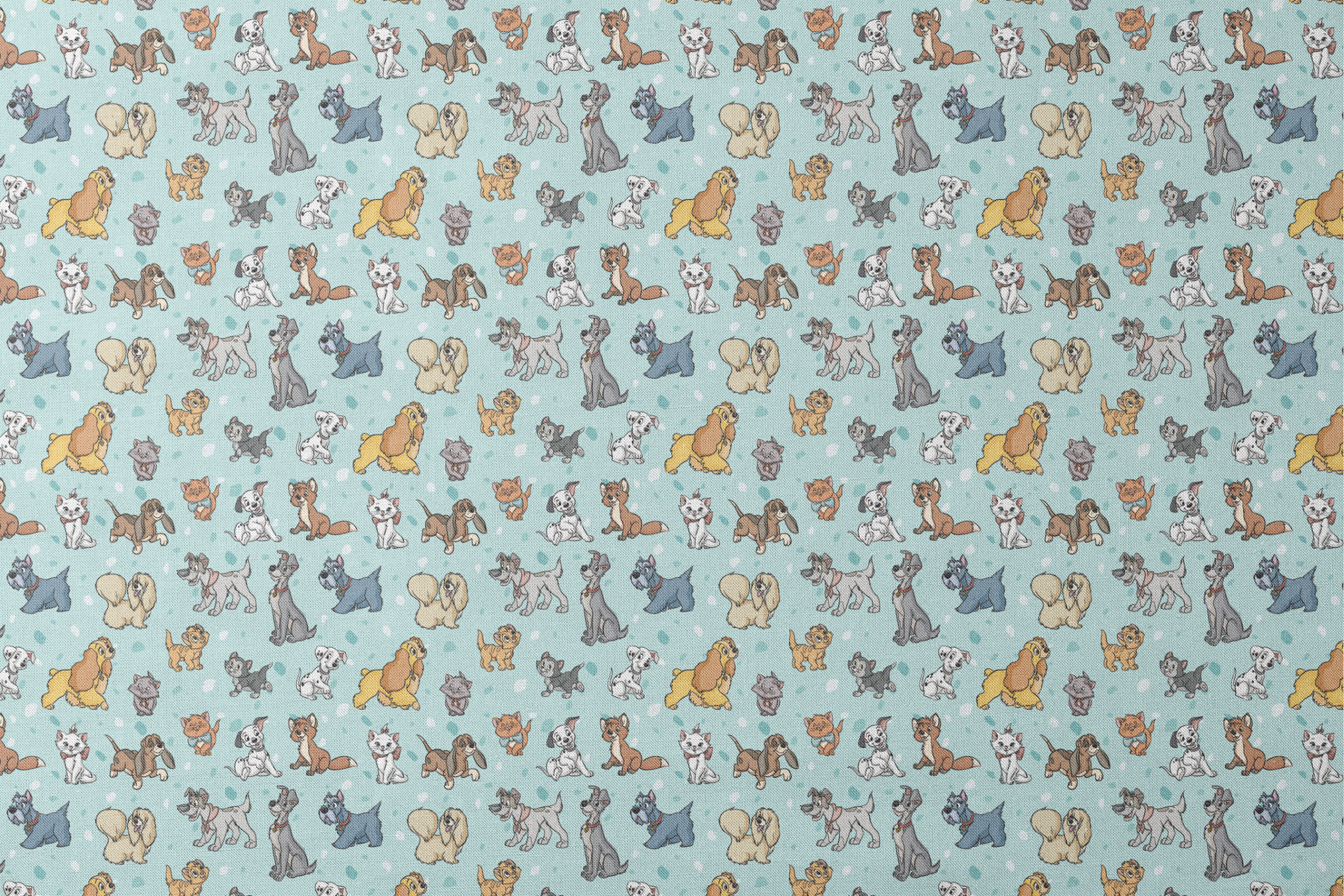 Cartoon-style Disney dogs and cats on a light blue background with scattered spots. designs flat mockup