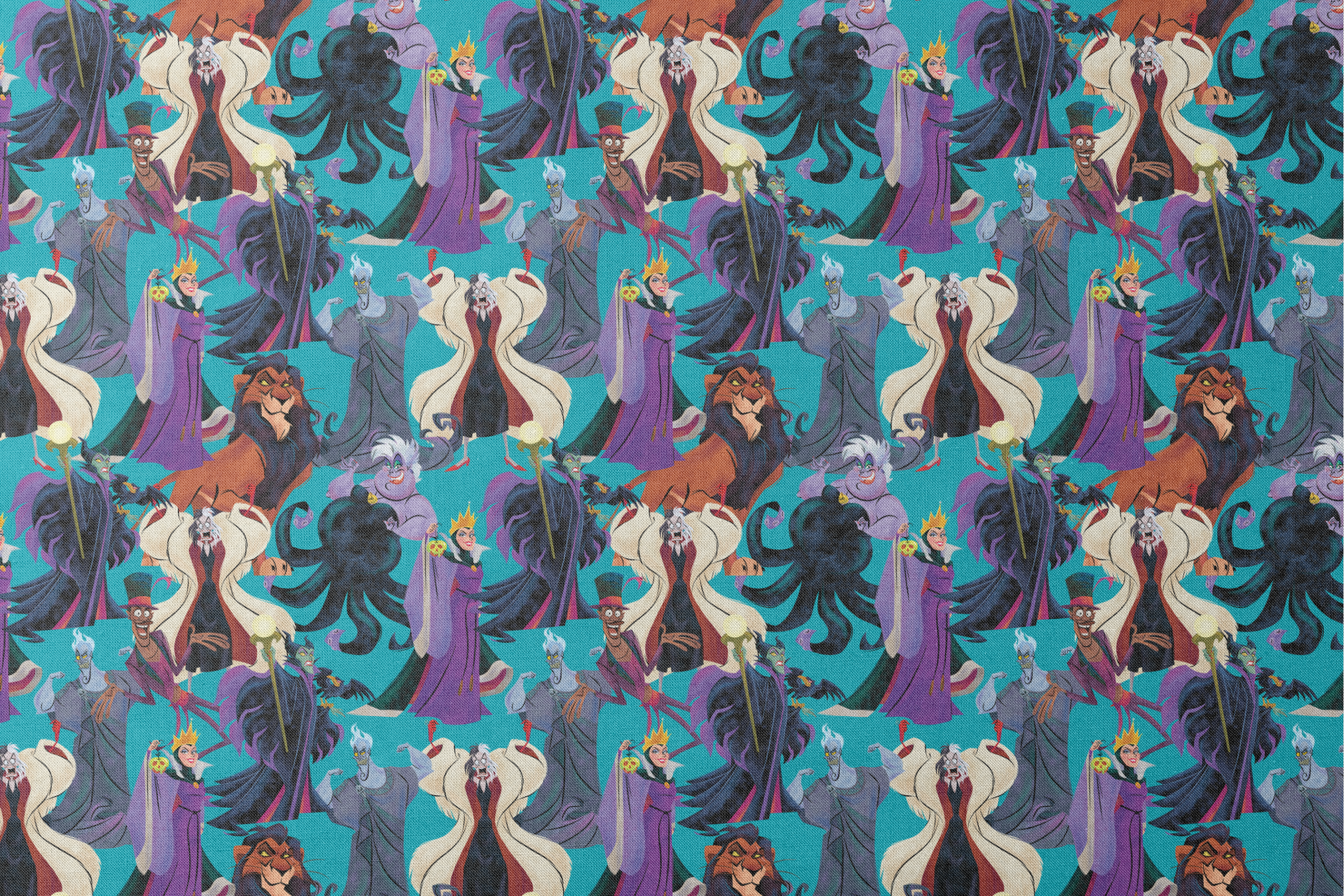 Disney Villains like Ursula, Maleficent, and Hades on a turquoise background in a colorful character pattern. designs flat mockup