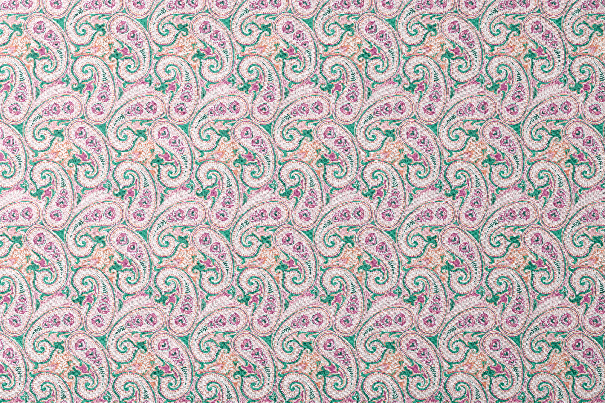 Colorful paisley pattern with swirling teardrop shapes in pink, green, and orange on light background designs flat mockup