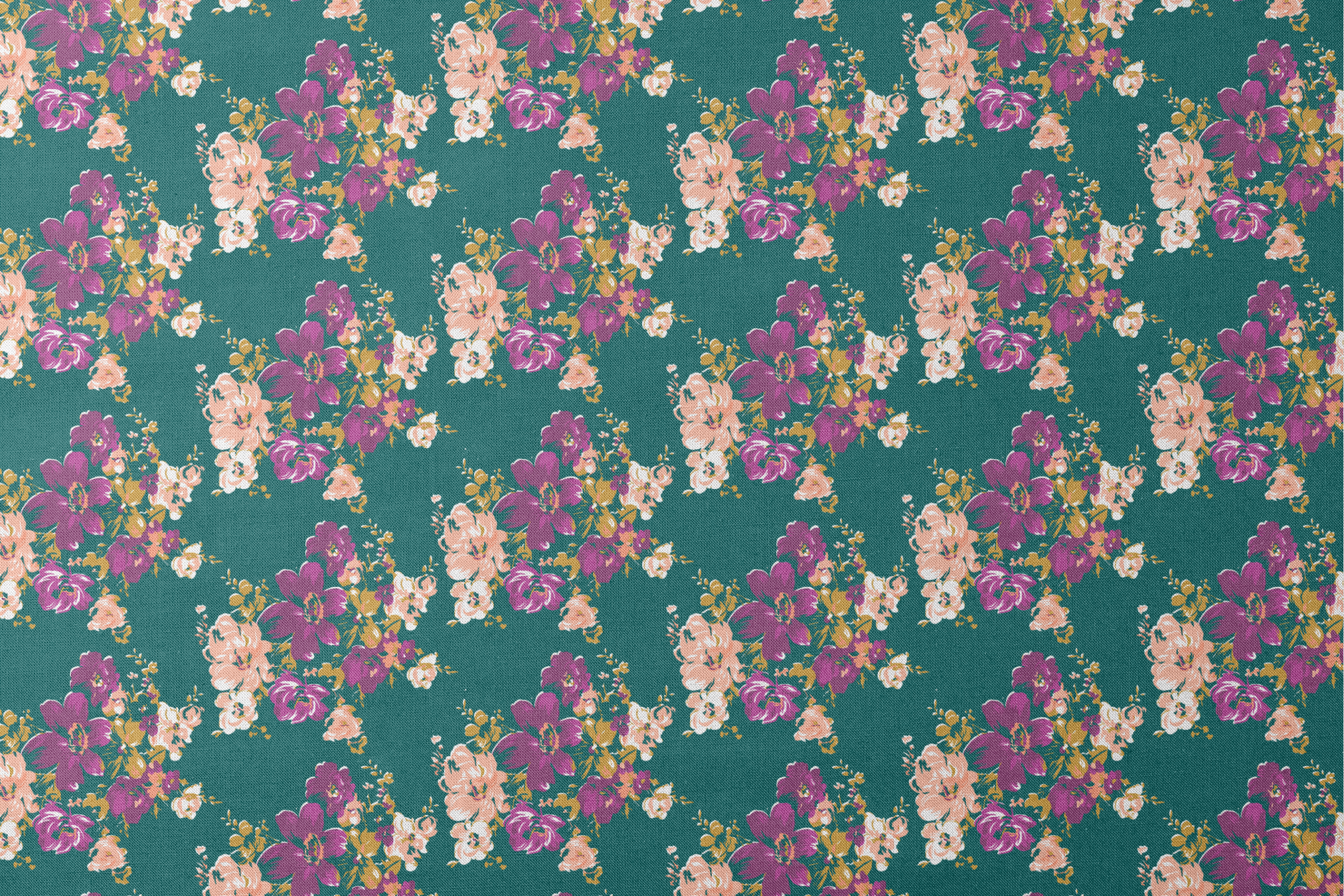 Vibrant floral pattern with purple and peach flowers on a deep teal background designs flat mockup