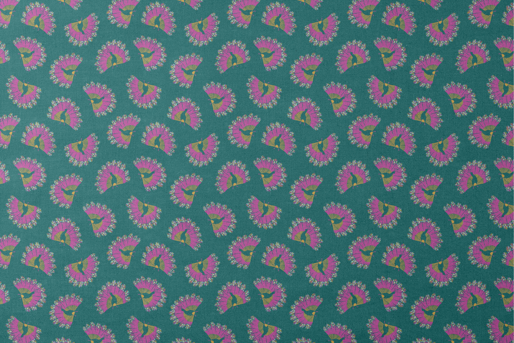 Vibrant pattern of pink circular bursts with yellow-green bird silhouettes on teal background designs flat mockup