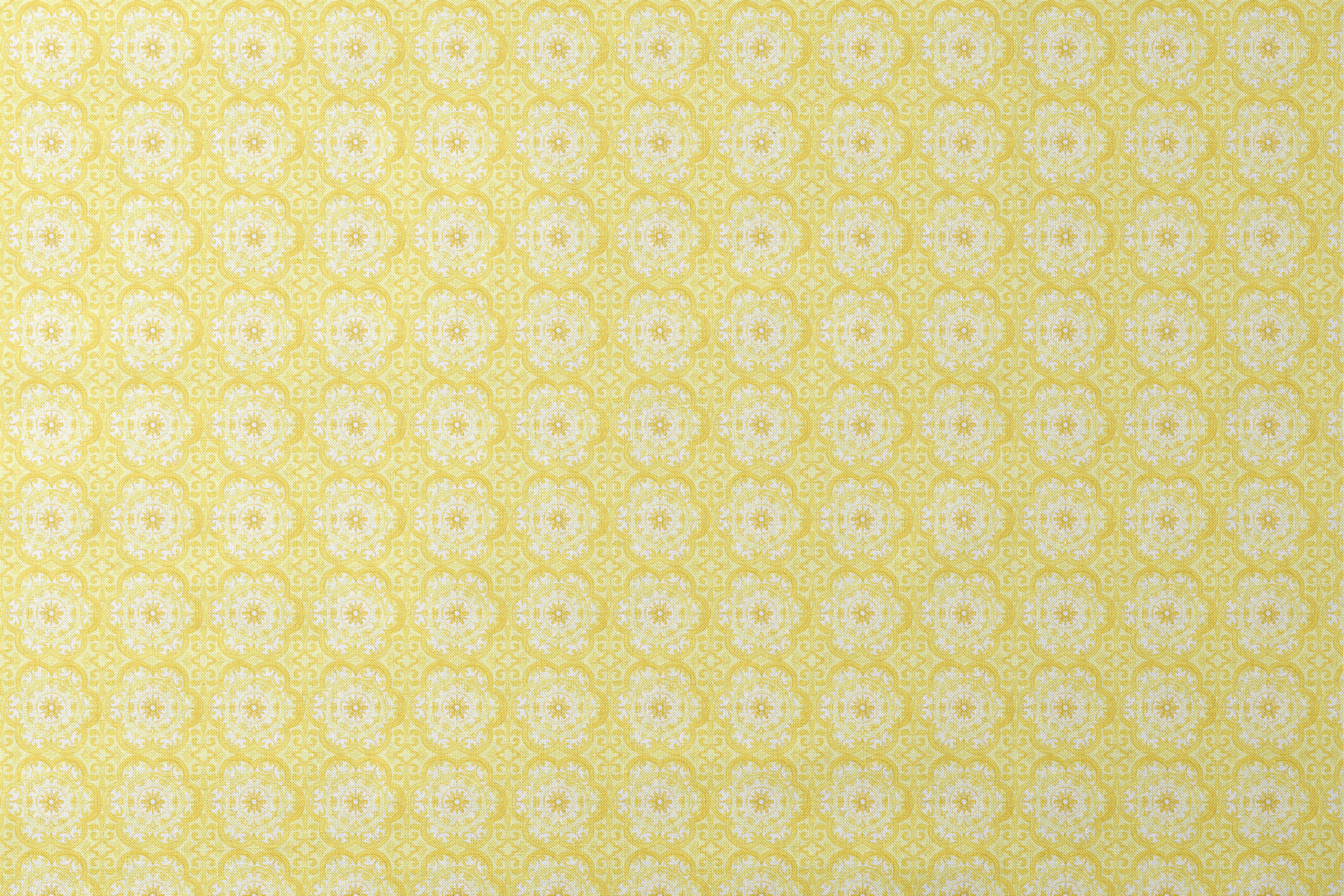 Bright yellow decorative pattern with white floral medallions in repeating ornamental design designs flat mockup