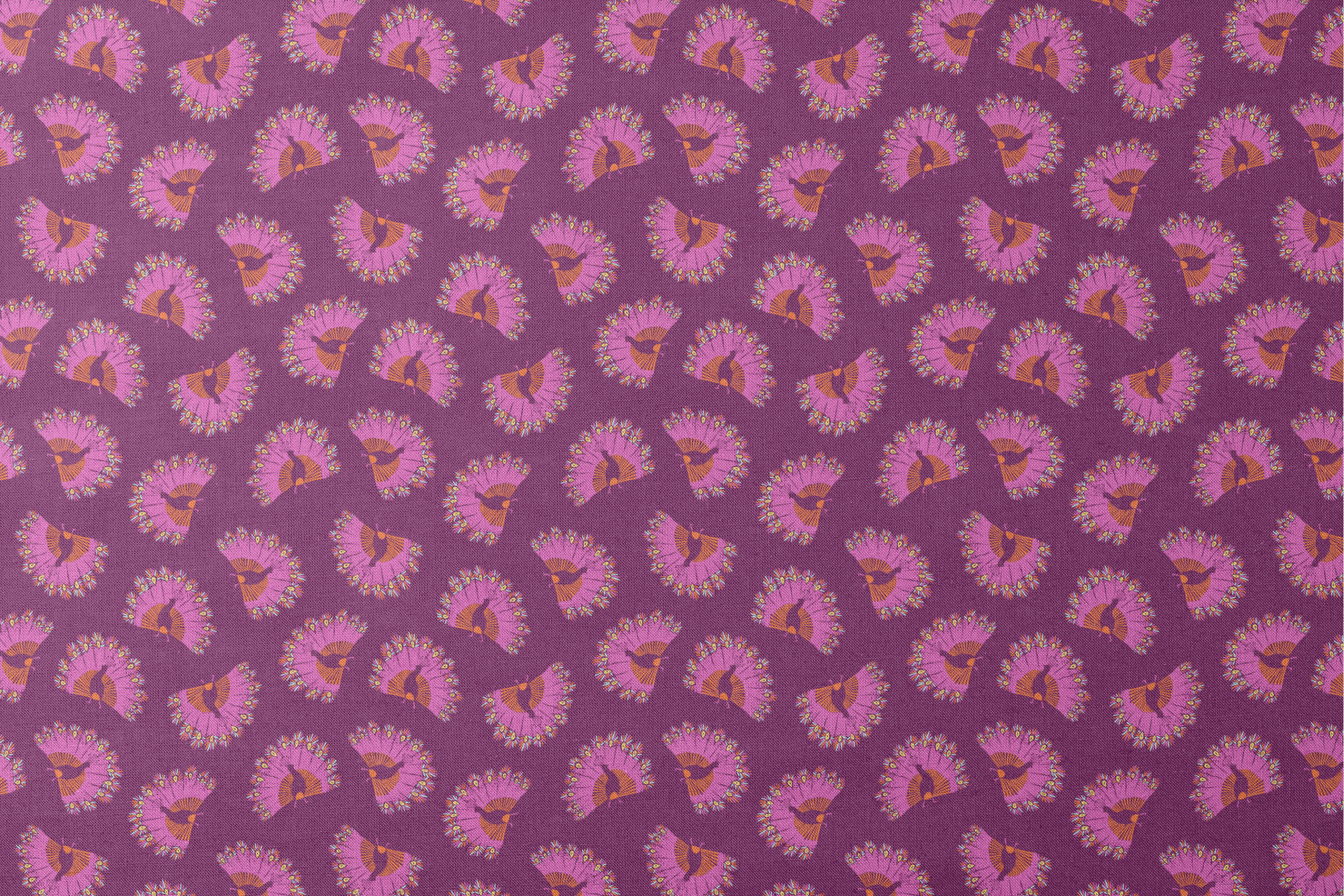 Decorative pattern with peacocks arranged in circular formations against a deep purple background designs flat mockup