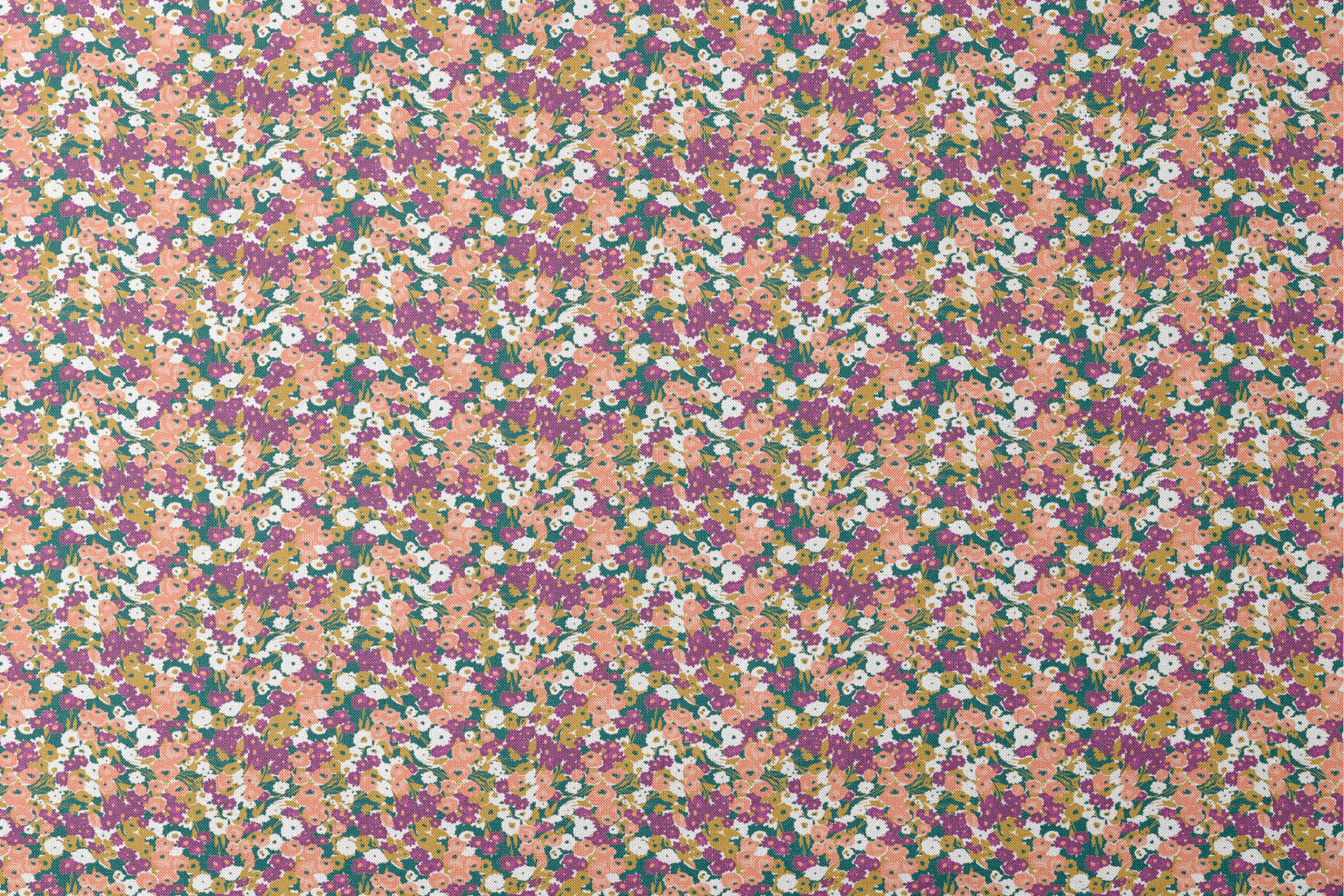 Vibrant floral pattern with peach, purple, white, and gold blooms against dark green foliage designs flat mockup