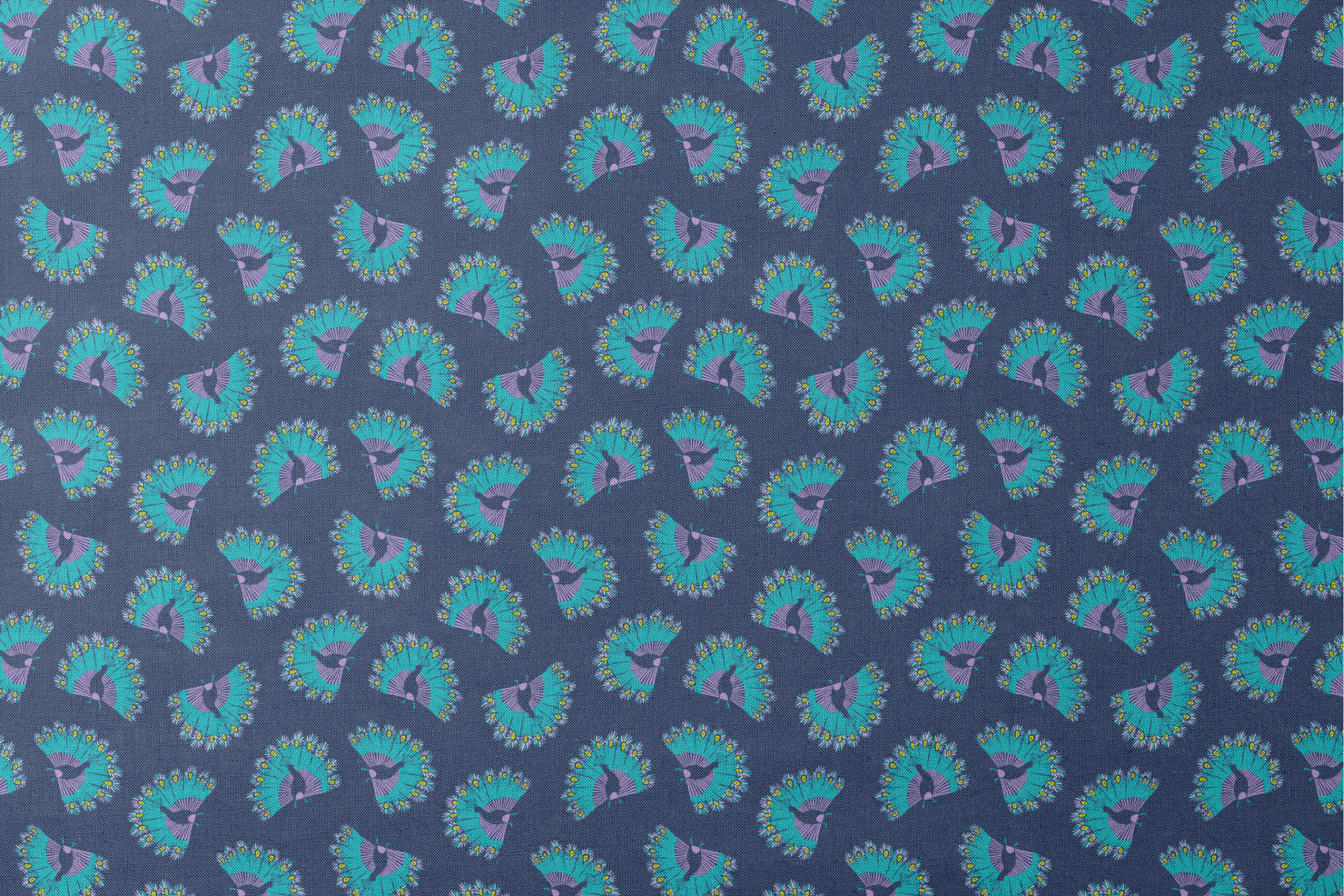 Vibrant peacock-inspired pattern with teal and purple fan shapes on blue background designs flat mockup