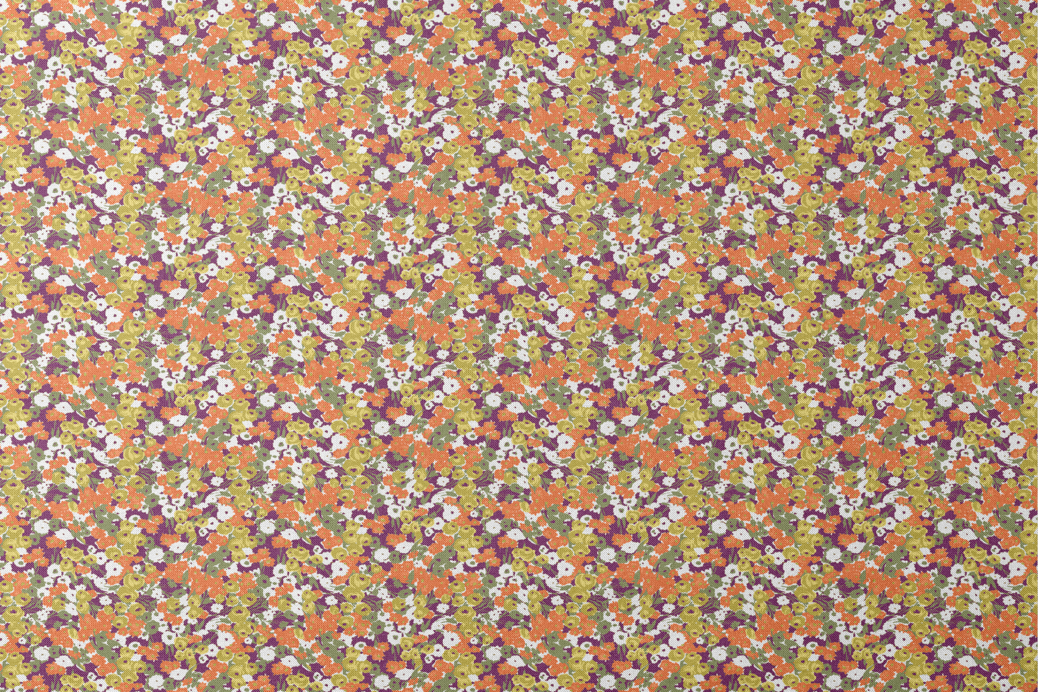 Vibrant floral pattern with white, orange, yellow, green, and purple abstract blooms designs flat mockup