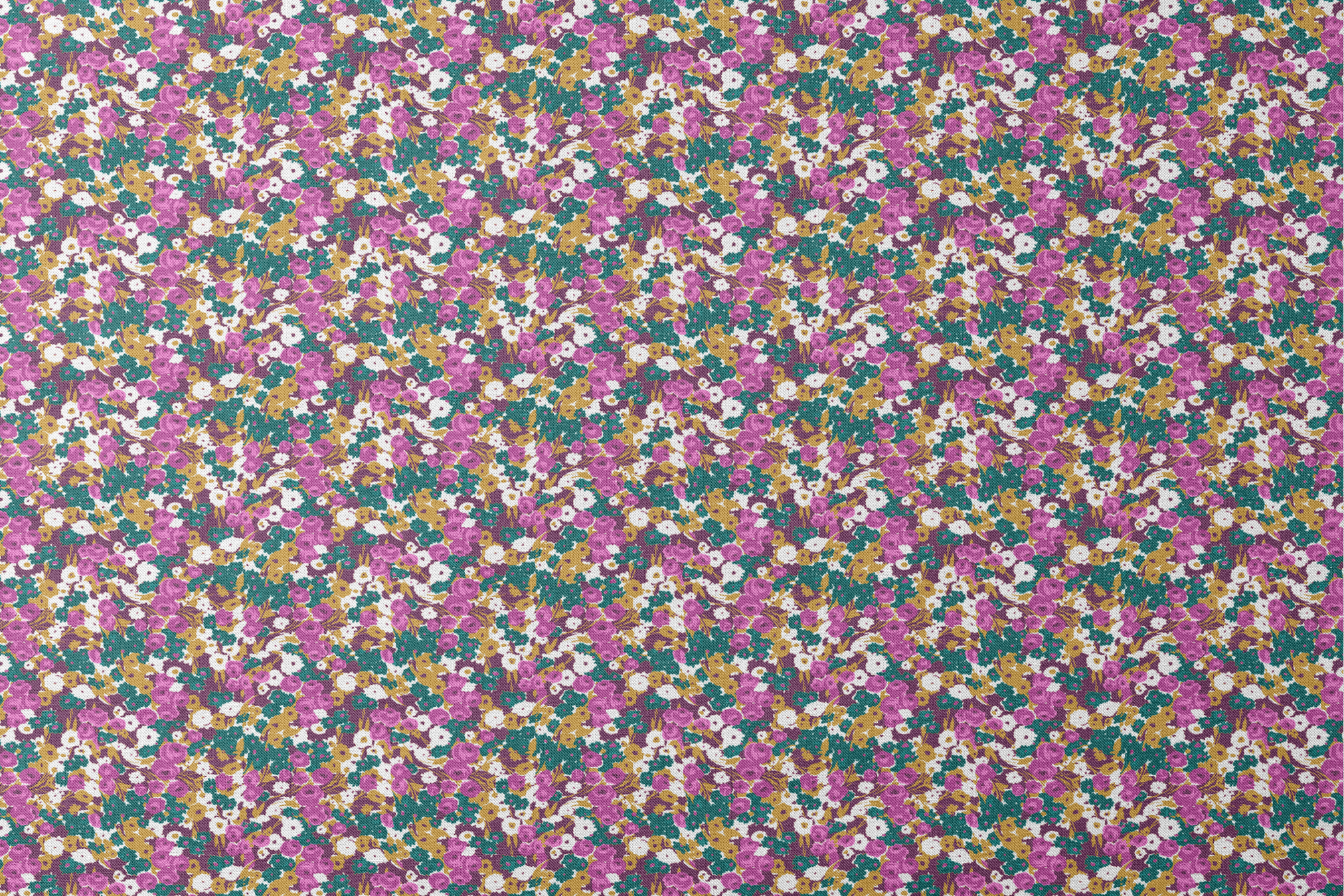 Vibrant floral pattern with purple, white, and gold flowers on teal background designs flat mockup