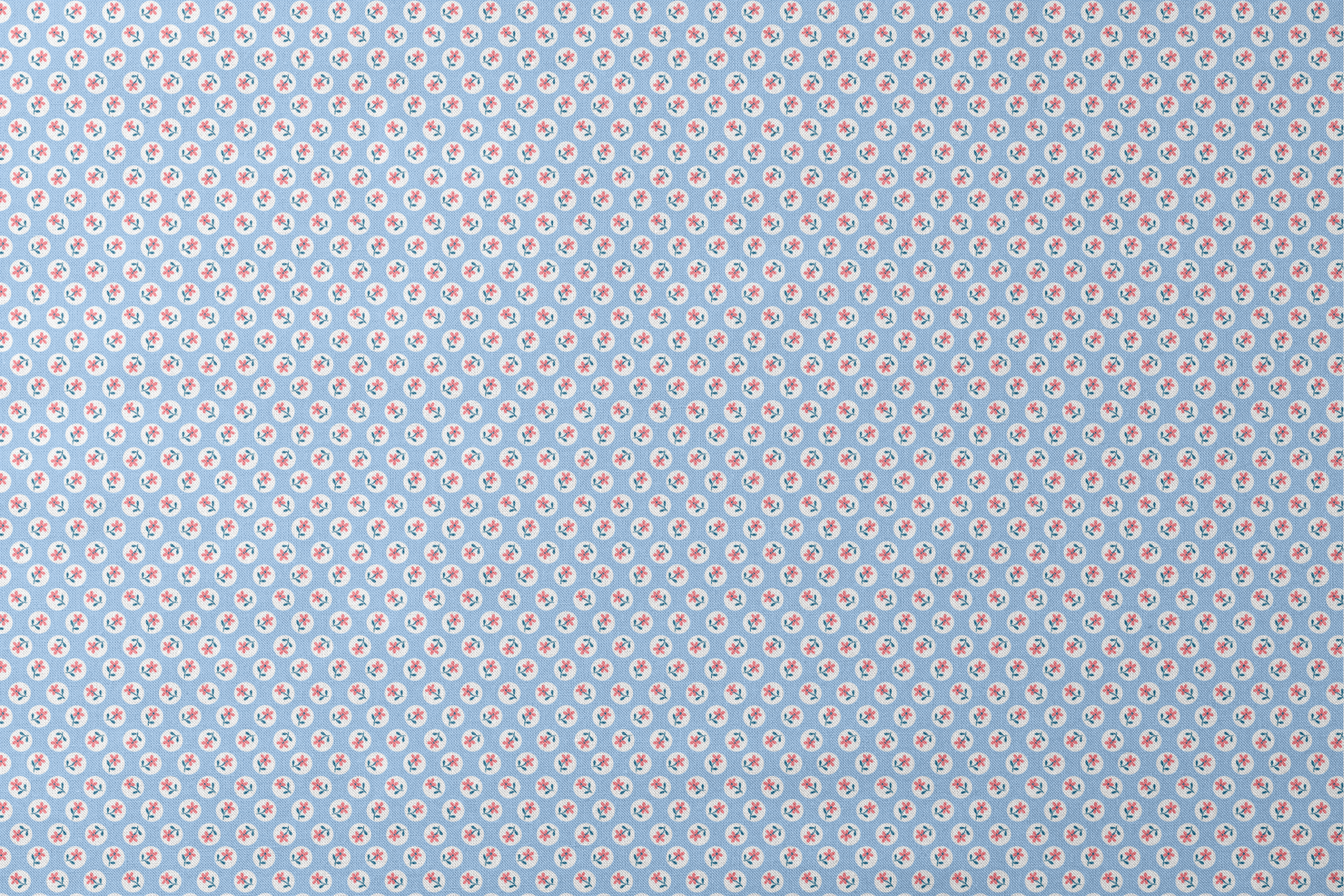 Pink flowers with blue-green stems in white circles on pale blue background, repeating pattern designs flat mockup