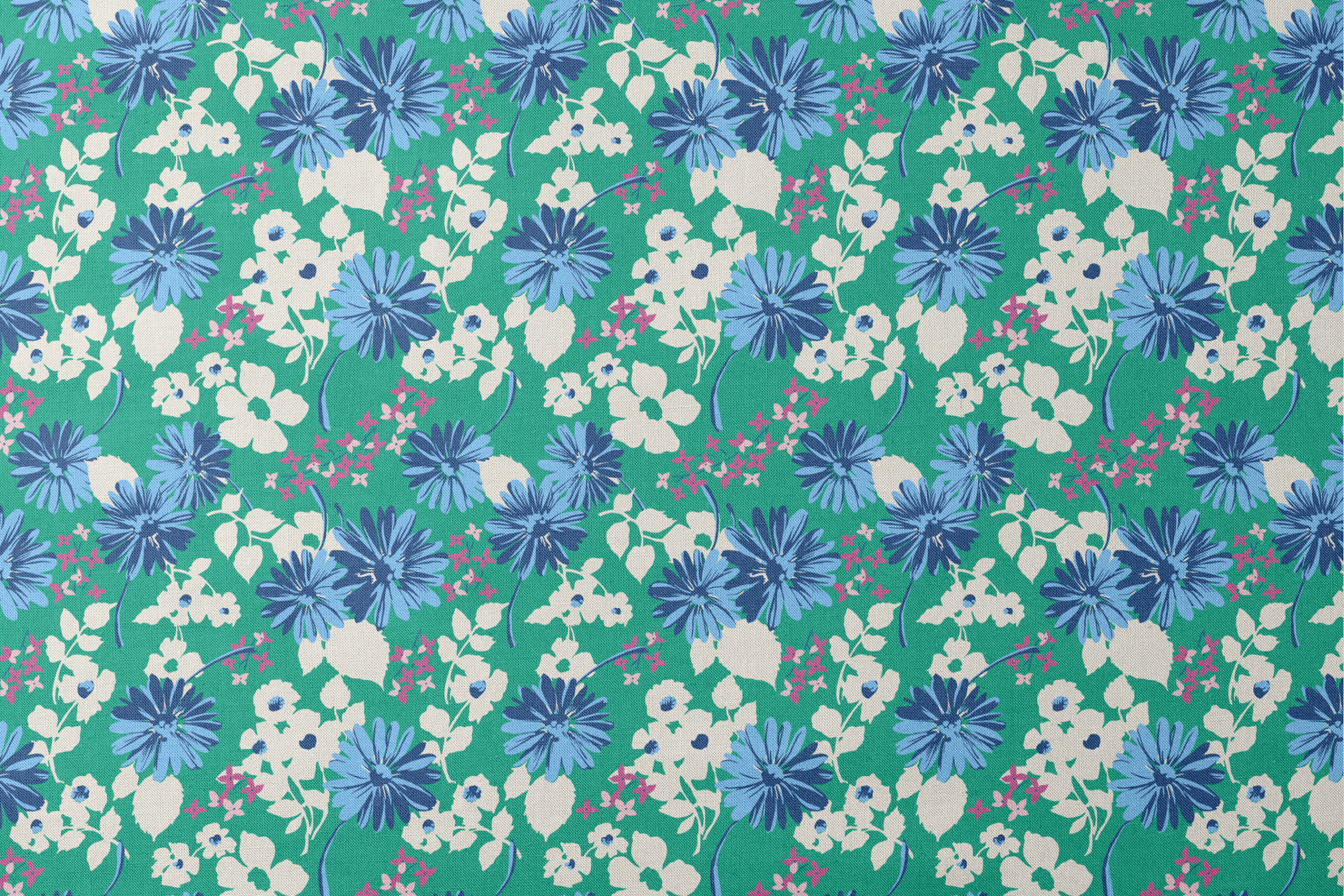 Vibrant floral pattern with blue spiky flowers and white blooms on a green background designs flat mockup