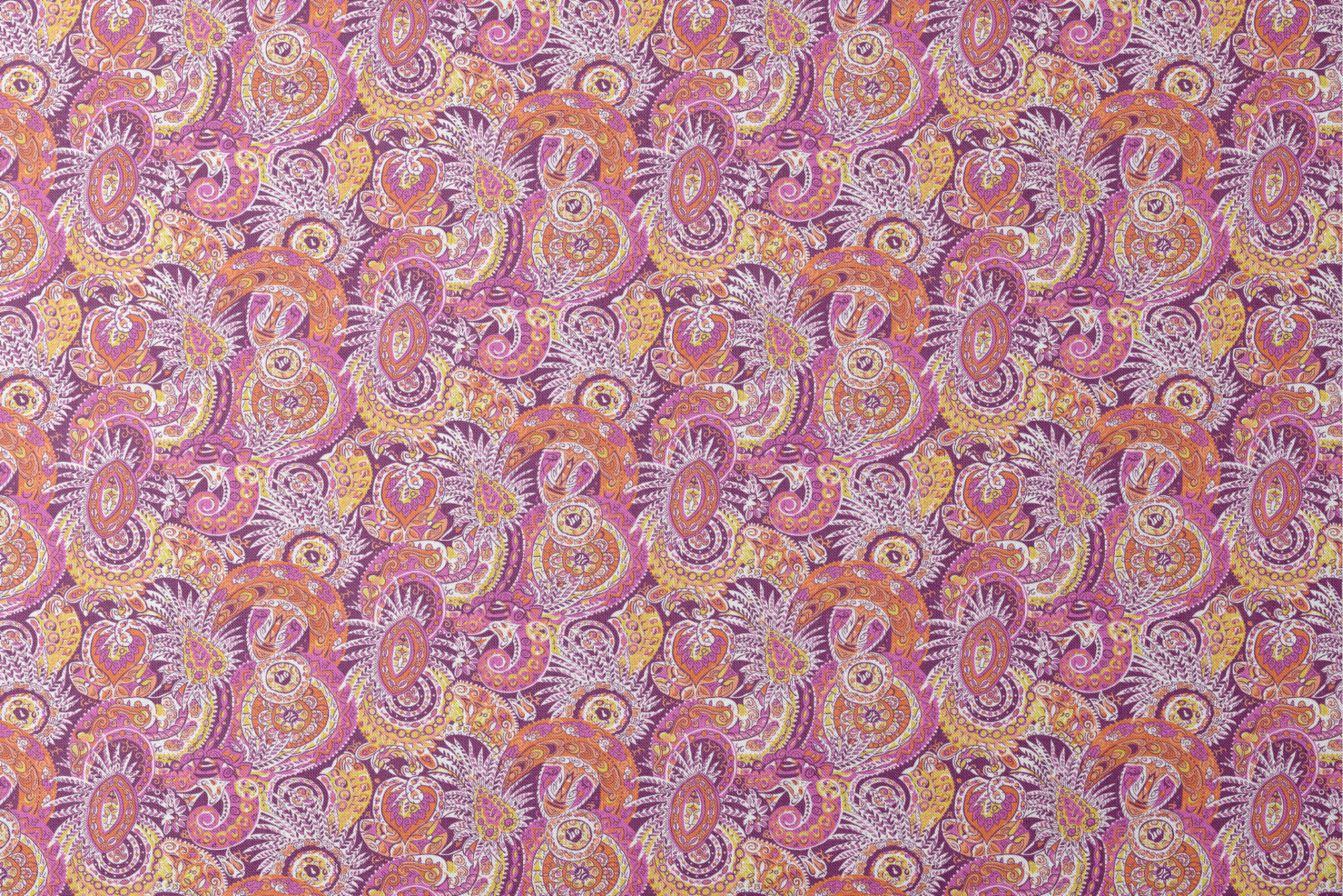 Vibrant paisley pattern with swirling shapes in purple, orange, pink, and yellow tones designs flat mockup