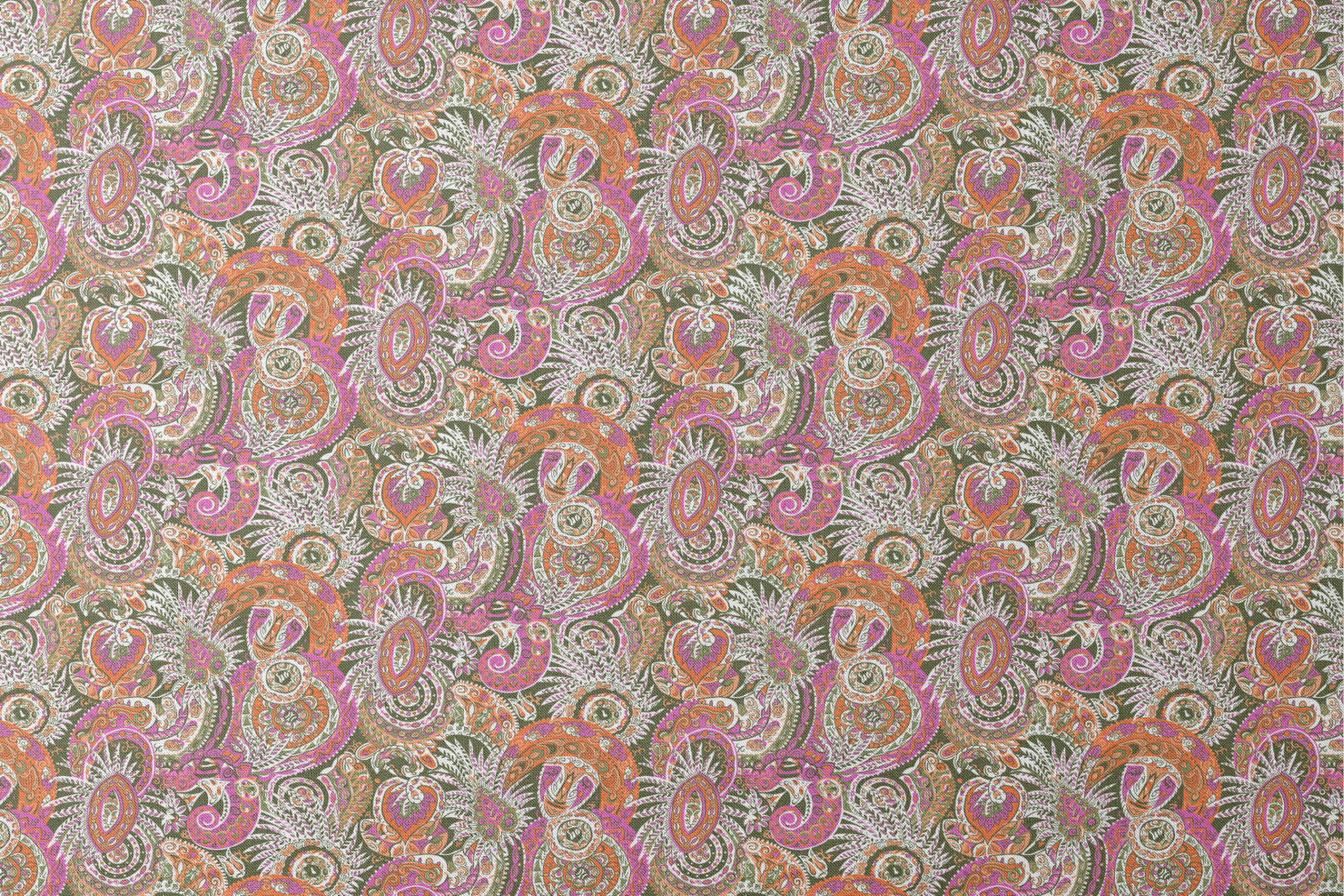Vibrant paisley pattern with swirling designs in pink, orange, yellow and white on textured background designs flat mockup