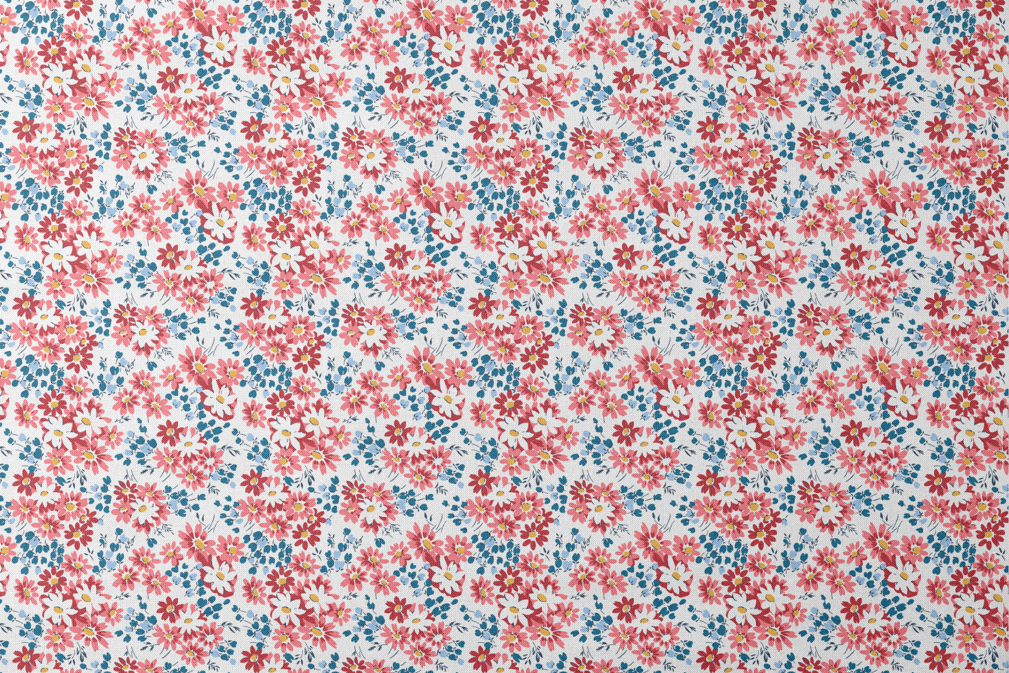 Colorful floral pattern with coral, red, and white daisies with yellow centers and teal leaves designs flat mockup