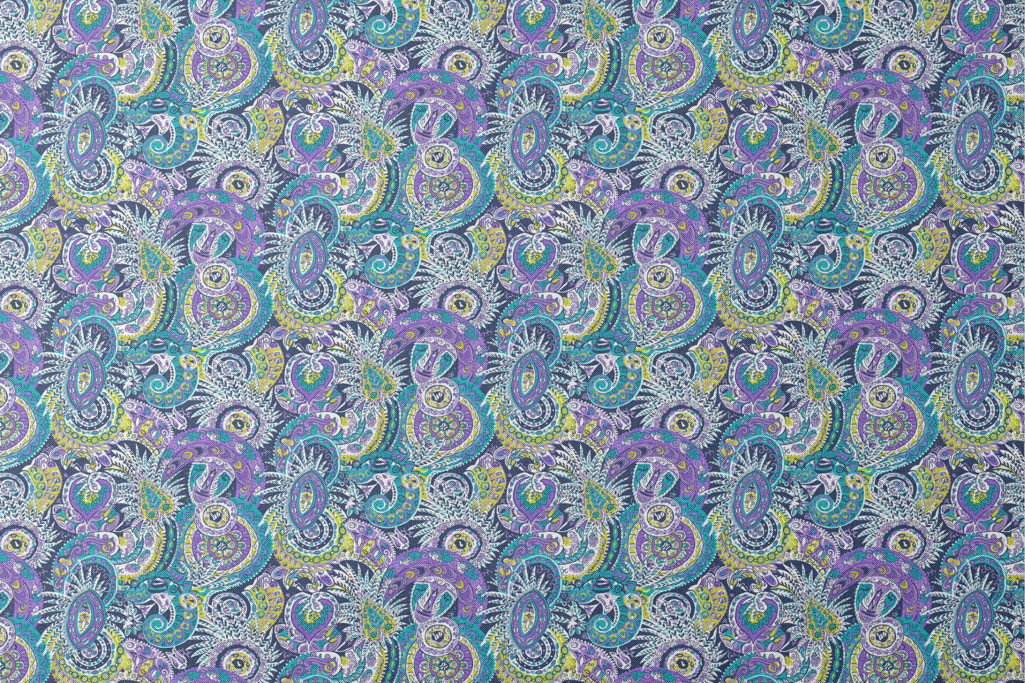 Vibrant paisley pattern with swirling designs in purple, blue, yellow, and white designs flat mockup