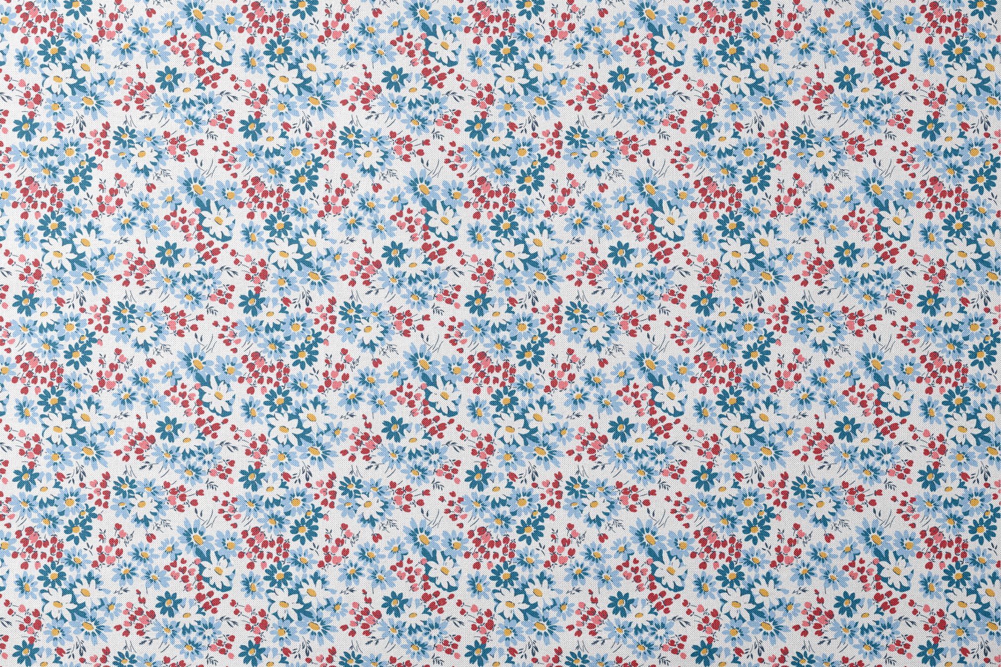 Blue and white daisies with small red berries scattered across a light background in a floral pattern designs flat mockup