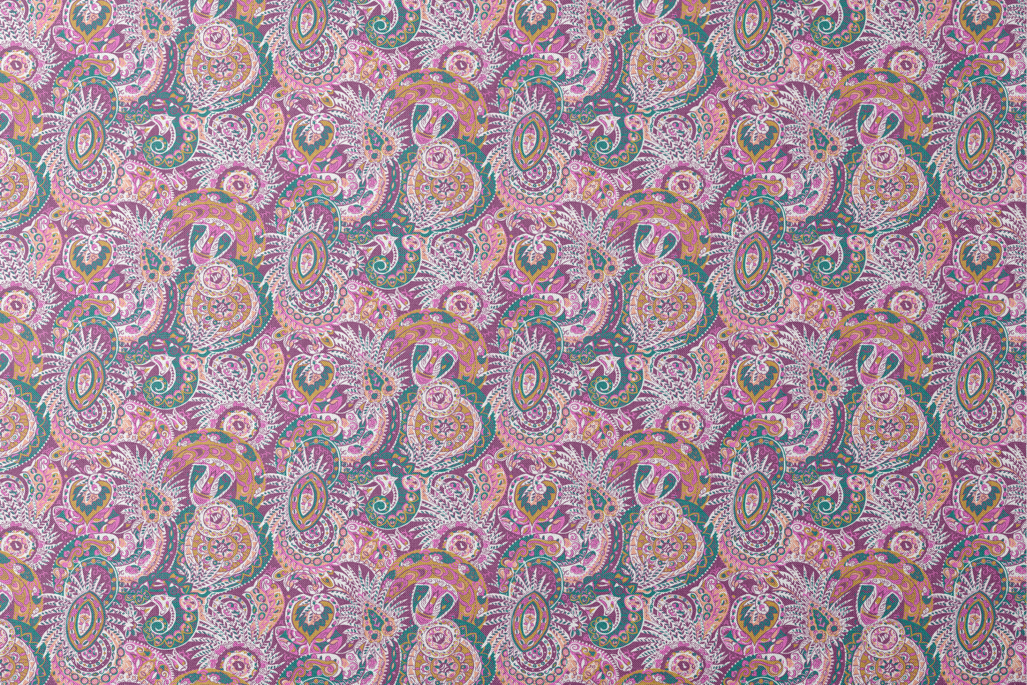 Colorful paisley pattern with intricate swirls in purple, pink, orange, and teal tones designs flat mockup