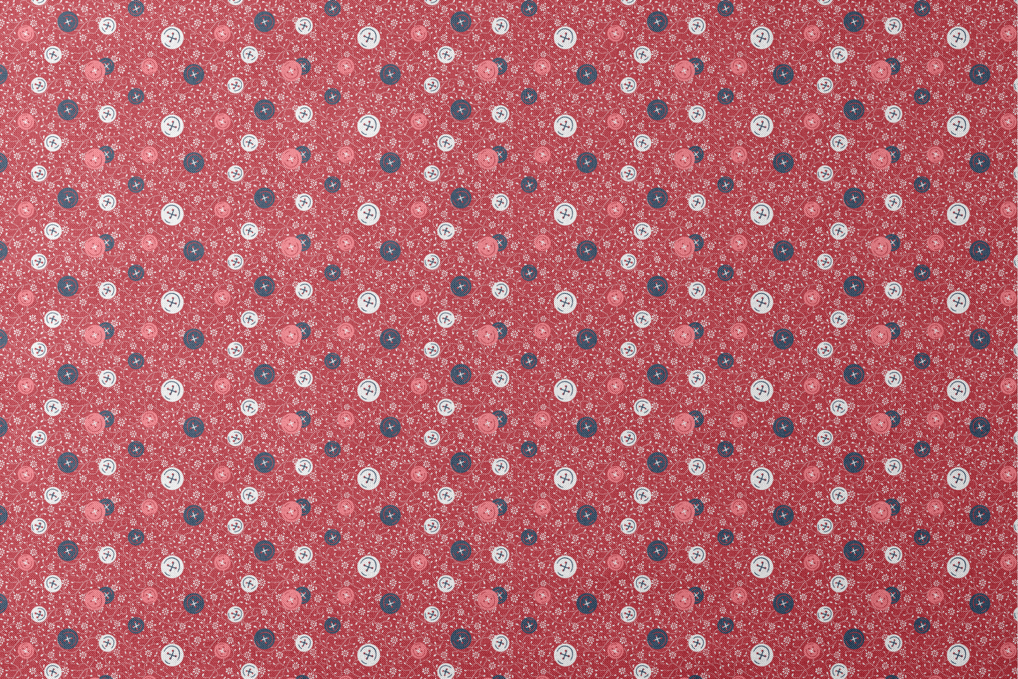 Red background with scattered buttons in white, blue, and coral colors featuring sewing motifs and small floral patterns designs flat mockup