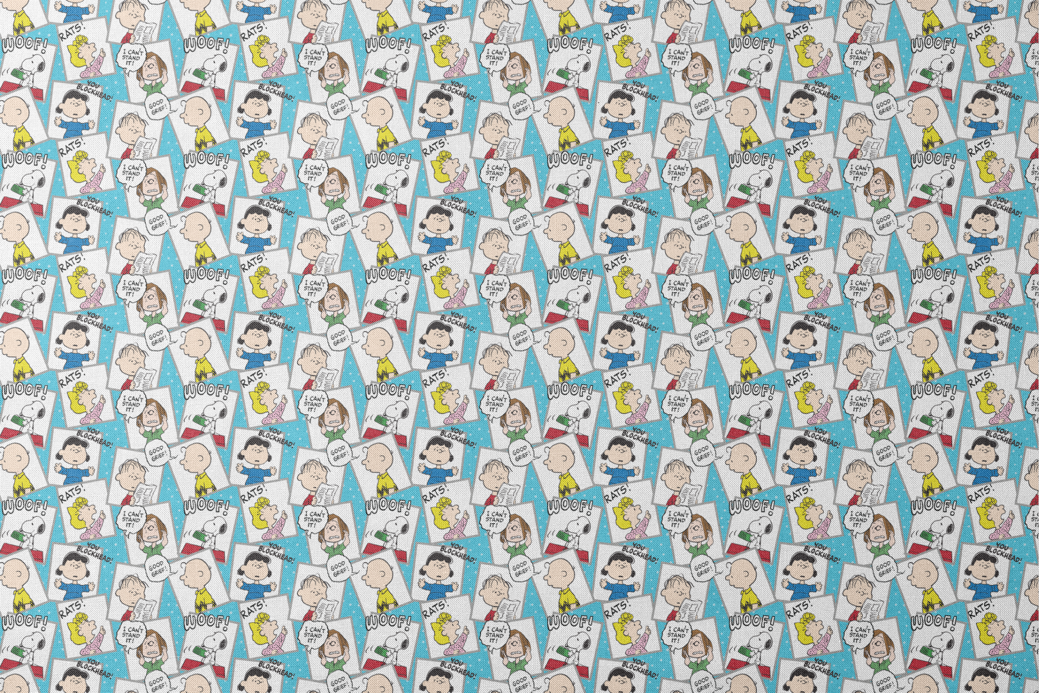 Peanuts comic characters in various expressions - Snoopy saying "WOOF!", speech bubbles with "RATS!", "I CAN'T STAND IT!", "YOU BLOCKHEAD!" and "GOOD GRIEF! designs flat mockup