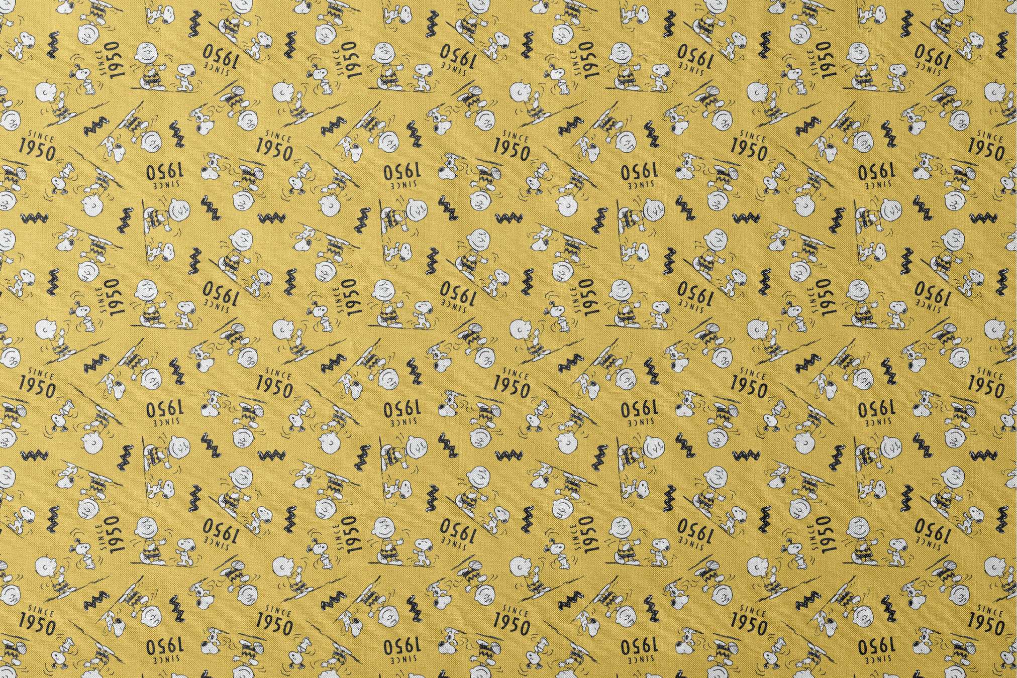 Peanuts cartoon pattern on yellow background with Snoopy and Charlie Brown, "Since 1950" text designs flat mockup