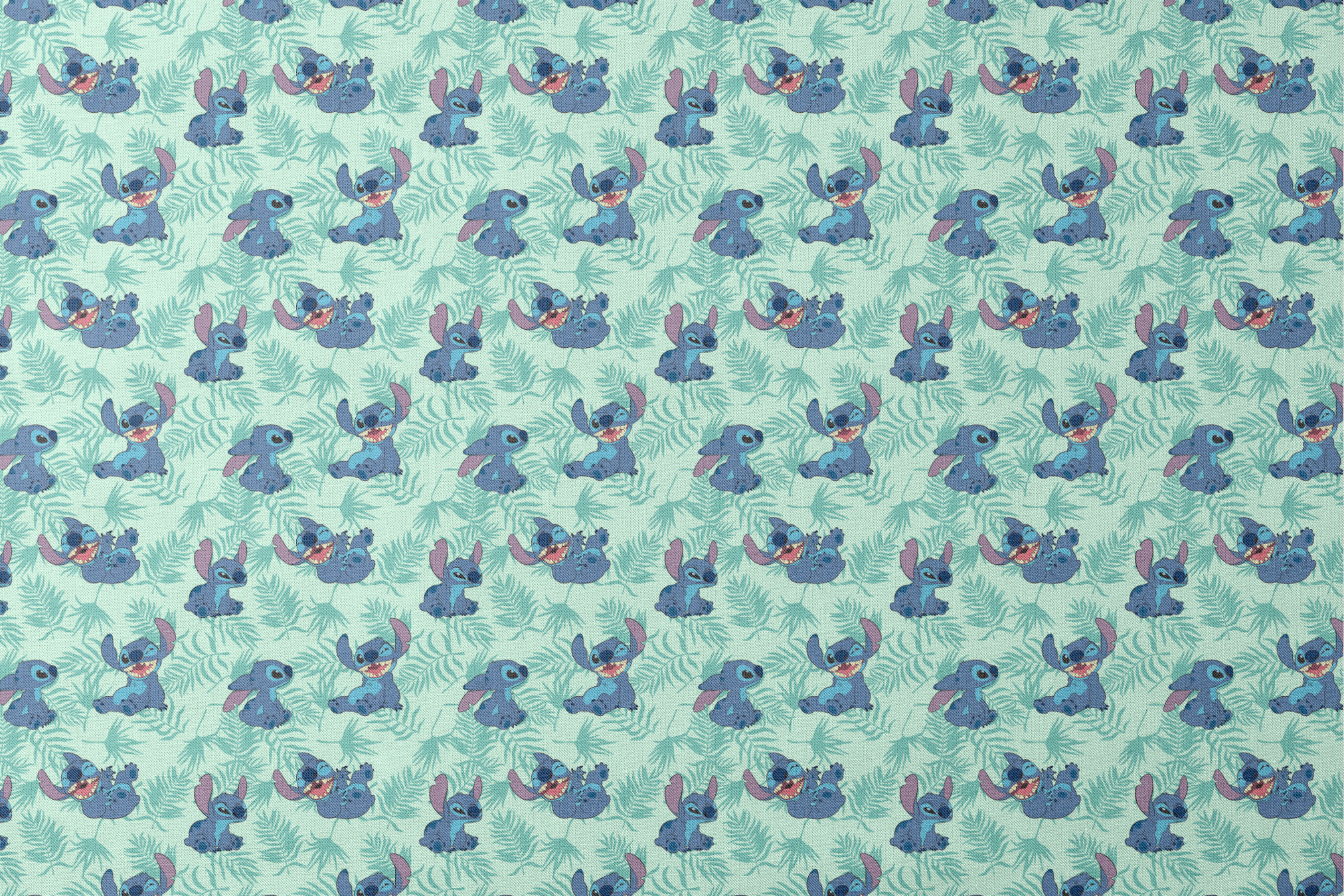 Blue cartoon alien character Stitch in various playful poses against mint green tropical leaf pattern background designs flat mockup