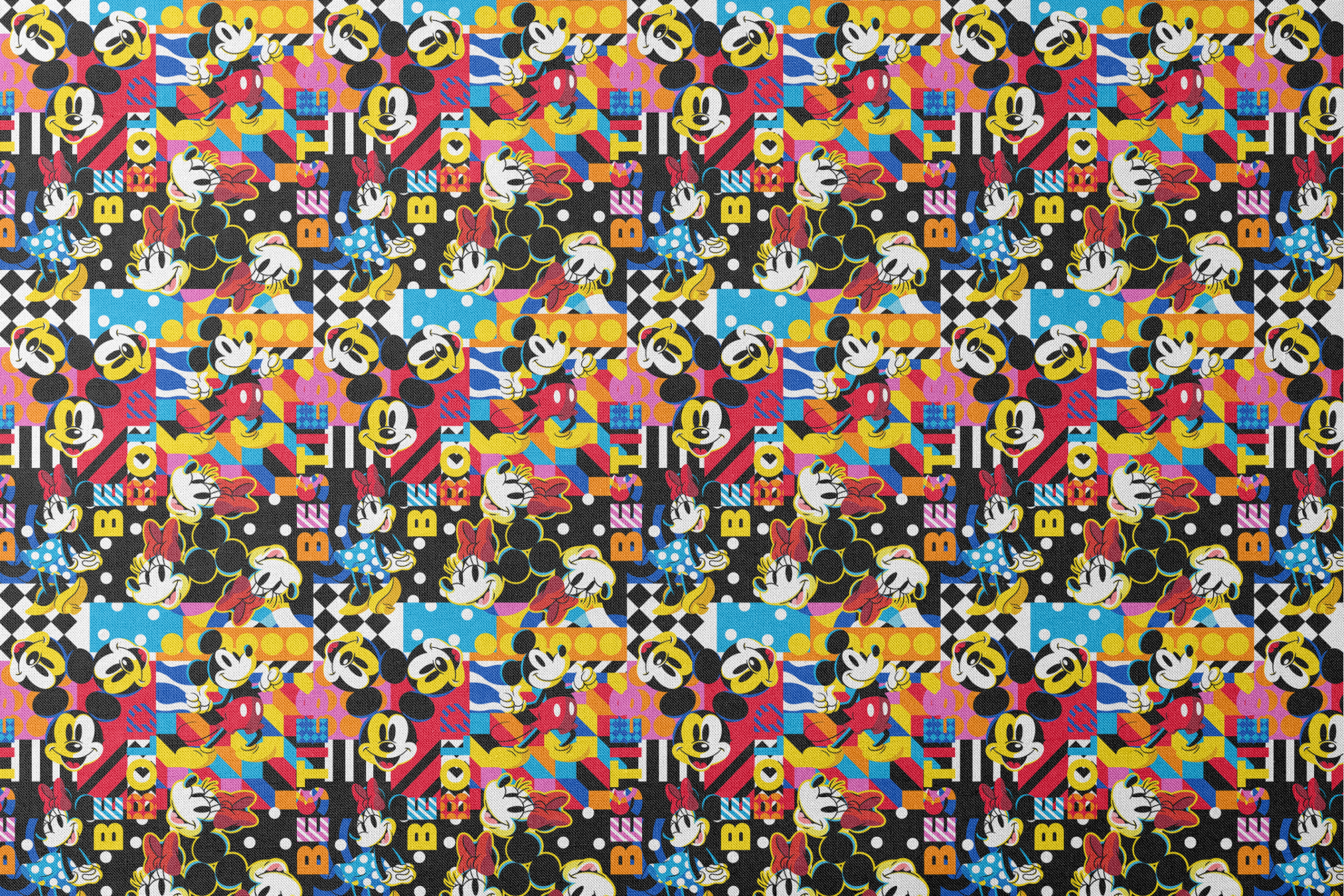 Vibrant pop art collage of Mickey Mouse in various poses against colorful geometric patterns and backgrounds designs flat mockup