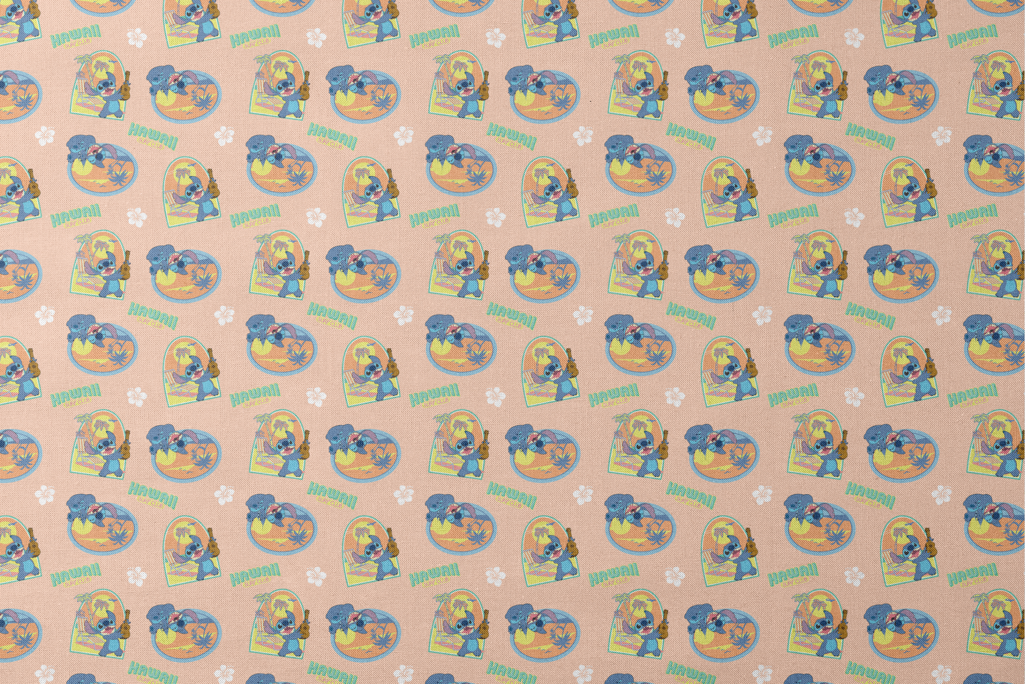 Disney's Stitch character on peach background with Hawaii-themed illustrations featuring surfboards, ukulele, and tropical imagery designs flat mockup