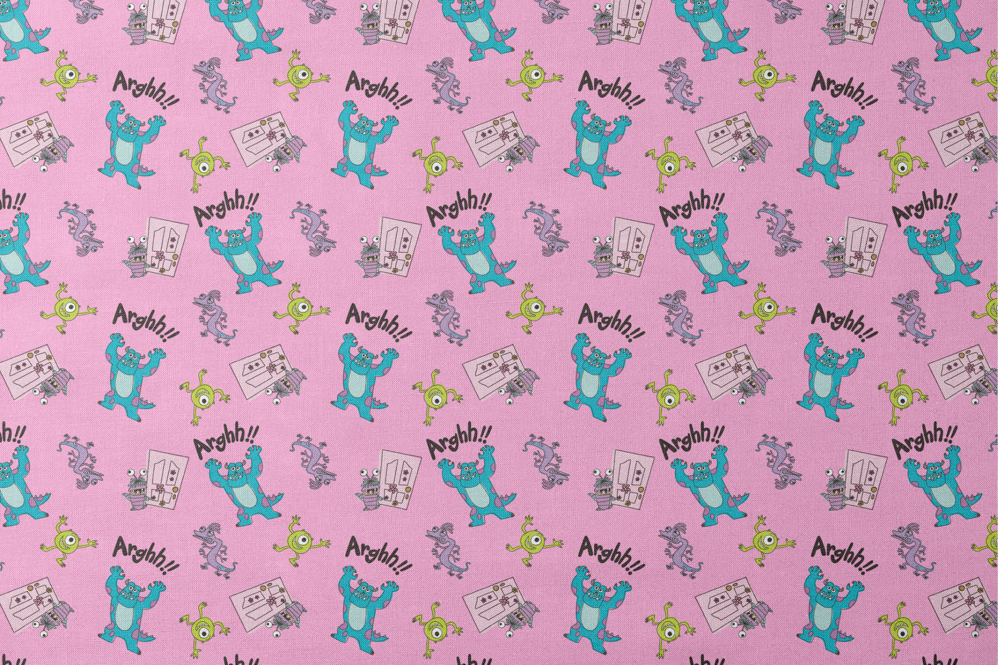 Cartoon monster pattern with blue creatures, green one-eyed characters, and "Arghh!!" text on pink background designs flat mockup