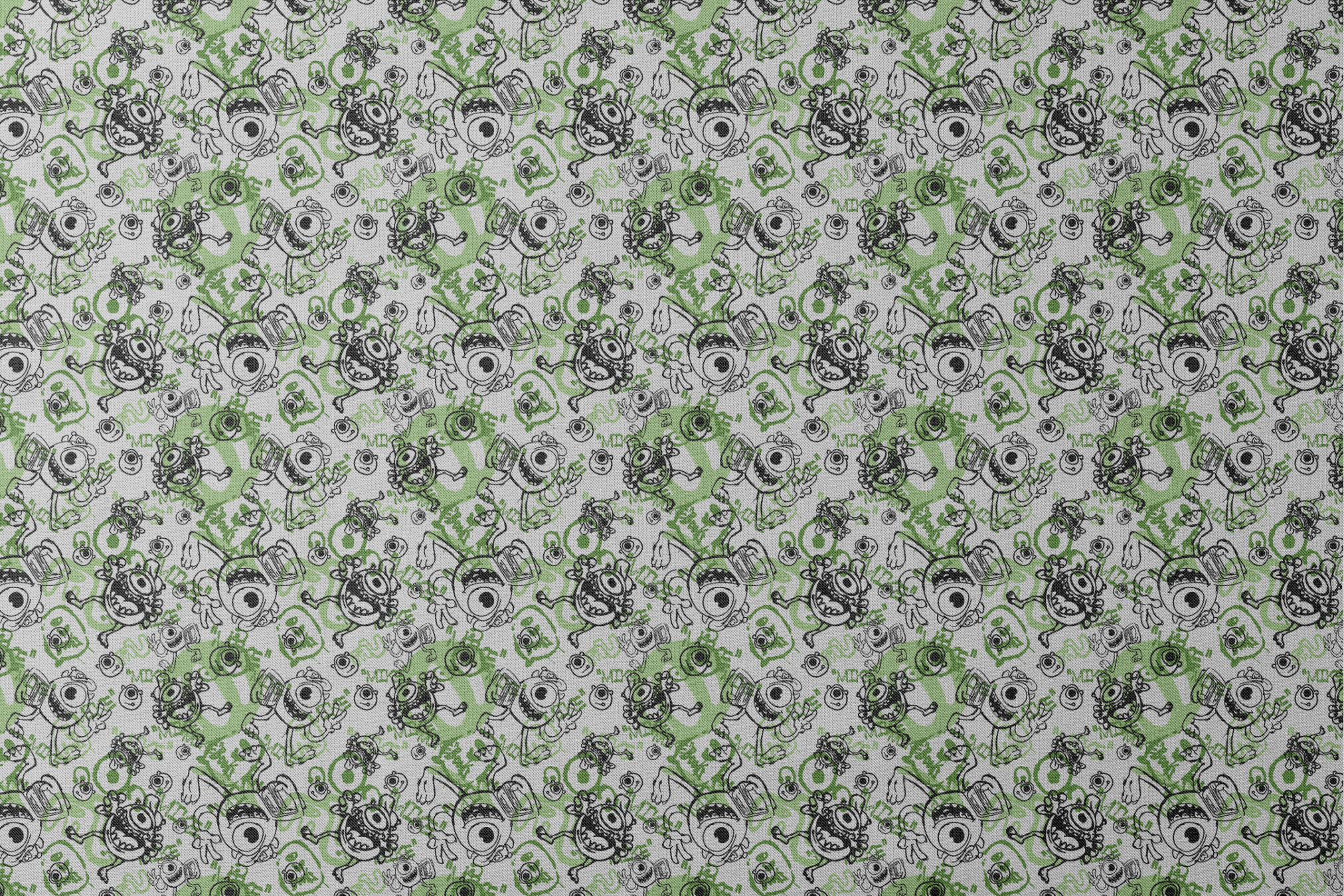 Cartoon monsters doodle pattern in black and green on white background with large eyes and silly expressions designs flat mockup