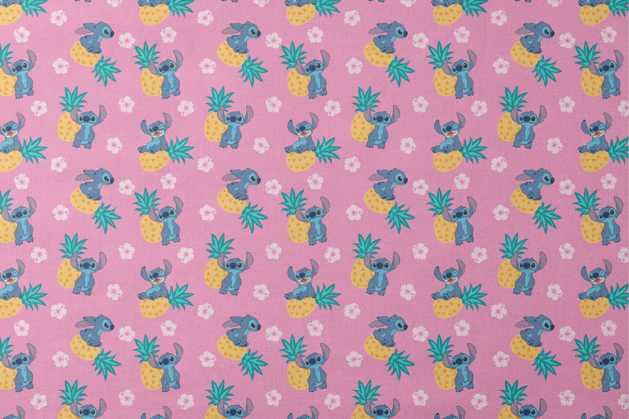 Stitch characters with pineapples and white hibiscus flowers on pink background pattern designs flat mockup