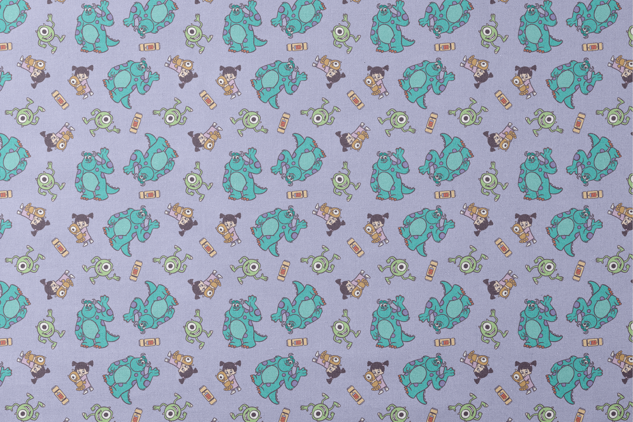 Cartoon pattern of Monsters Inc characters - Mike, Sulley, and Boo - on a purple background designs flat mockup