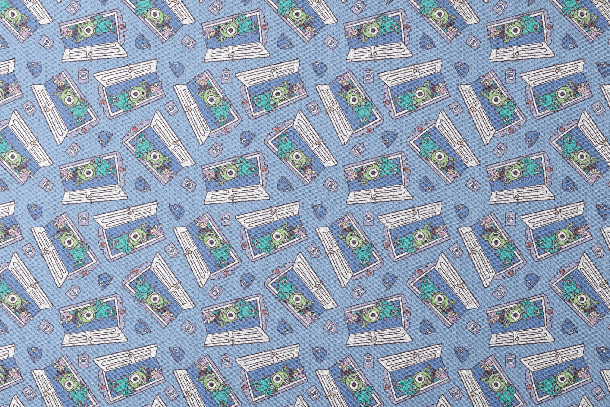 Monsters Inc characters Mike and Sully peeking through doorways on blue background pattern designs flat mockup