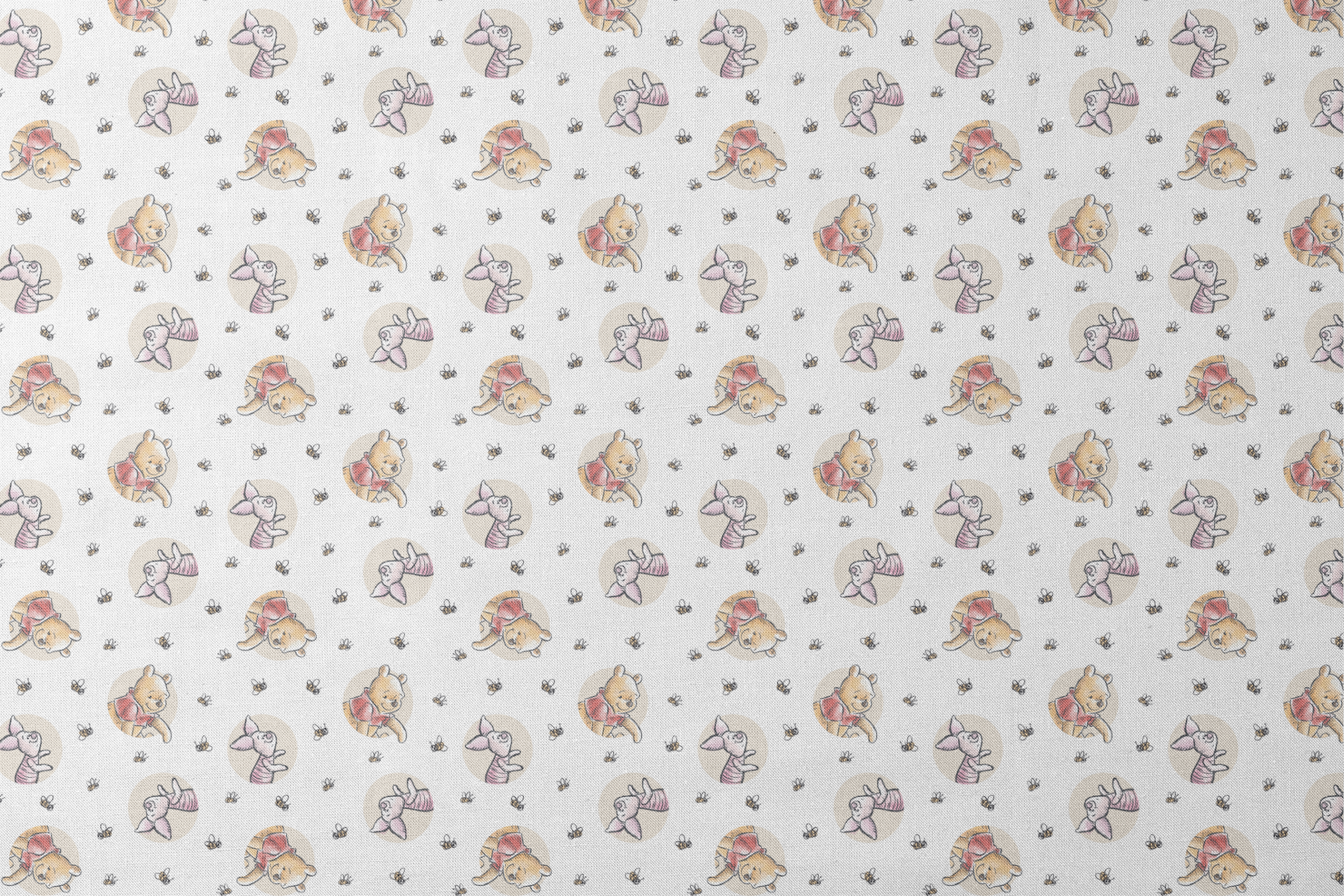 Cute cartoon Winnie the Pooh and Piglet pattern with circular vignettes and buzzing bees designs flat mockup