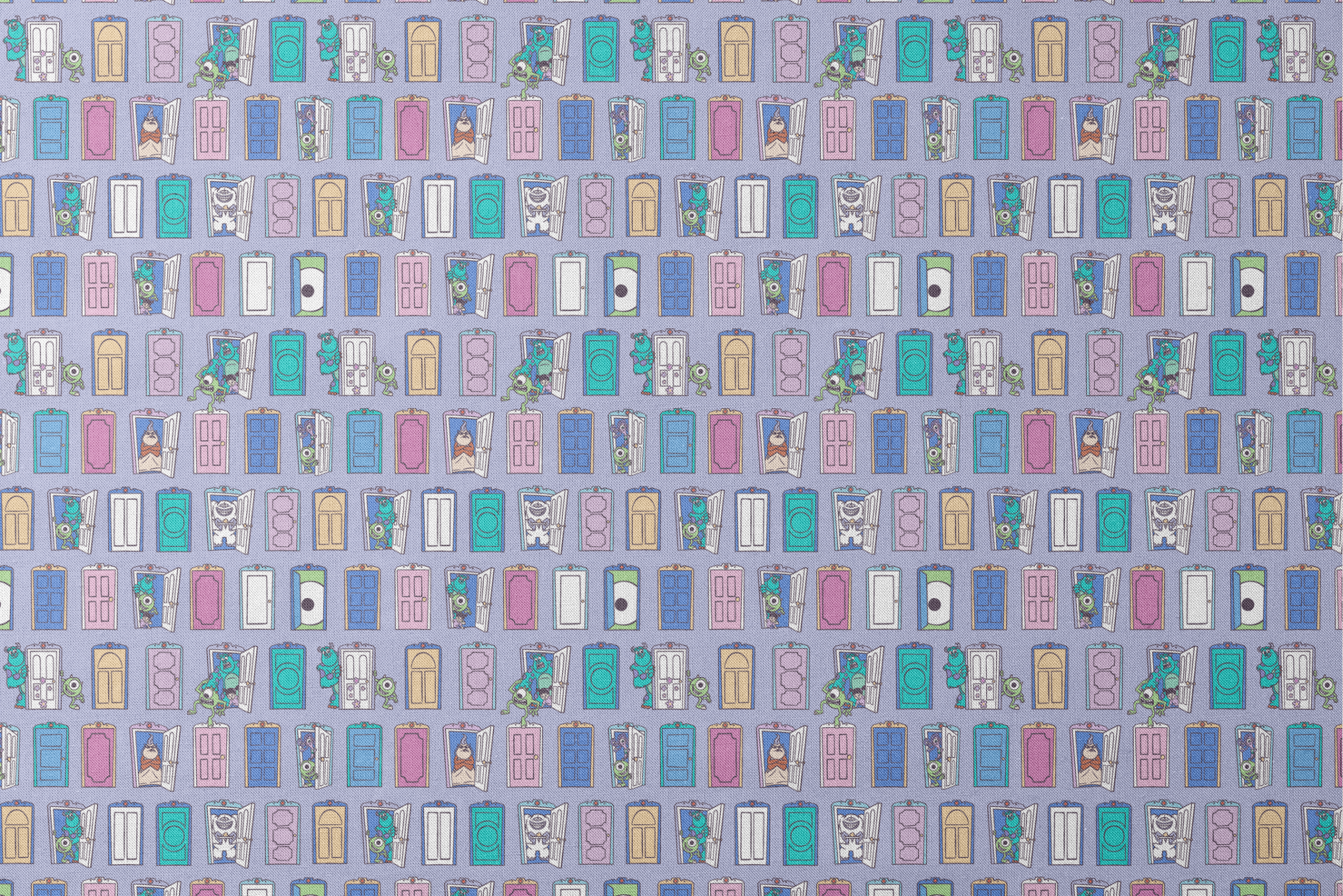 Colorful pattern of cartoon monster characters peeking through various doors in purple, blue, pink, and green on a lavender background. designs flat mockup