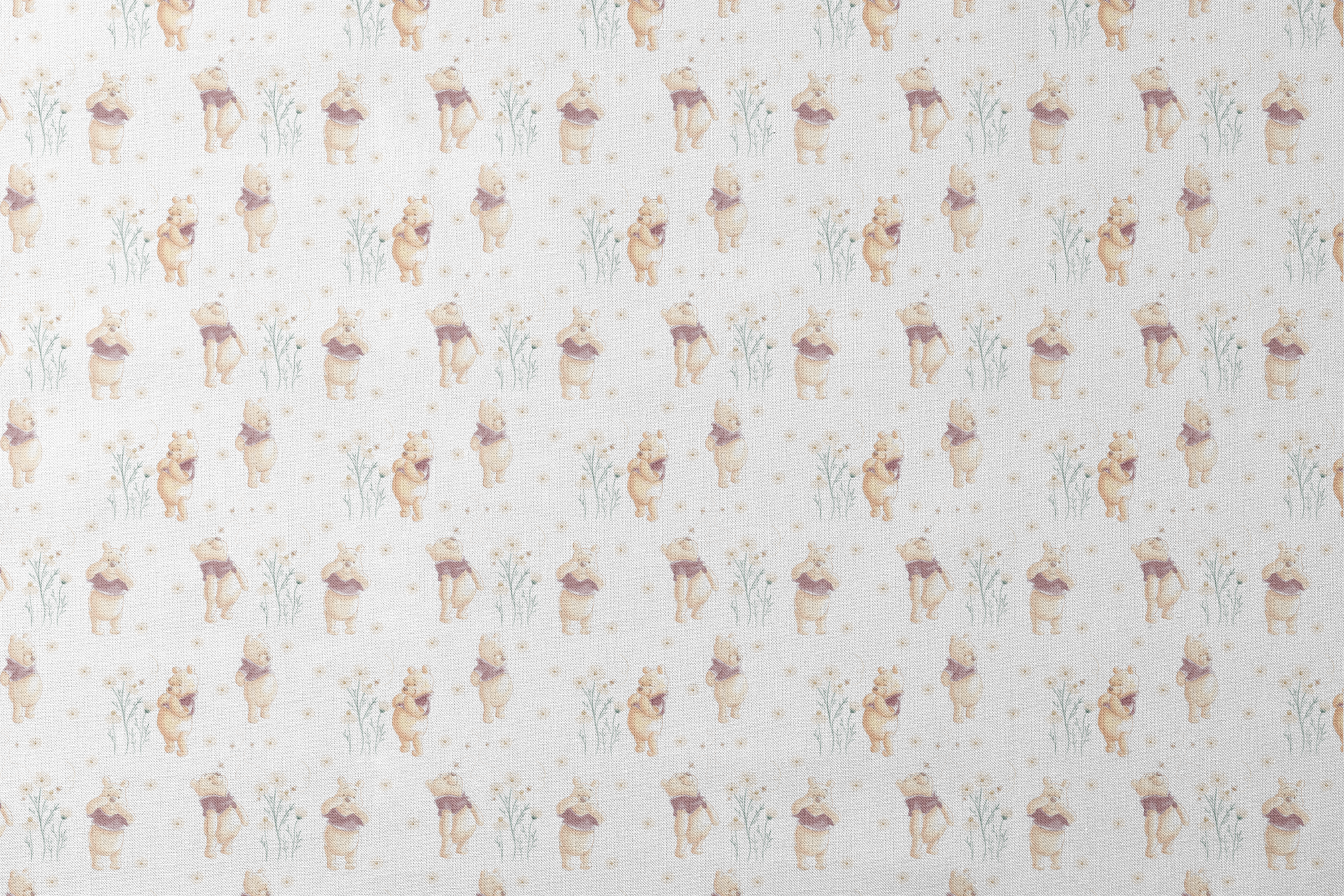 Winnie the Pooh pattern with cartoon bear in red shirt amid delicate white flowers designs flat mockup