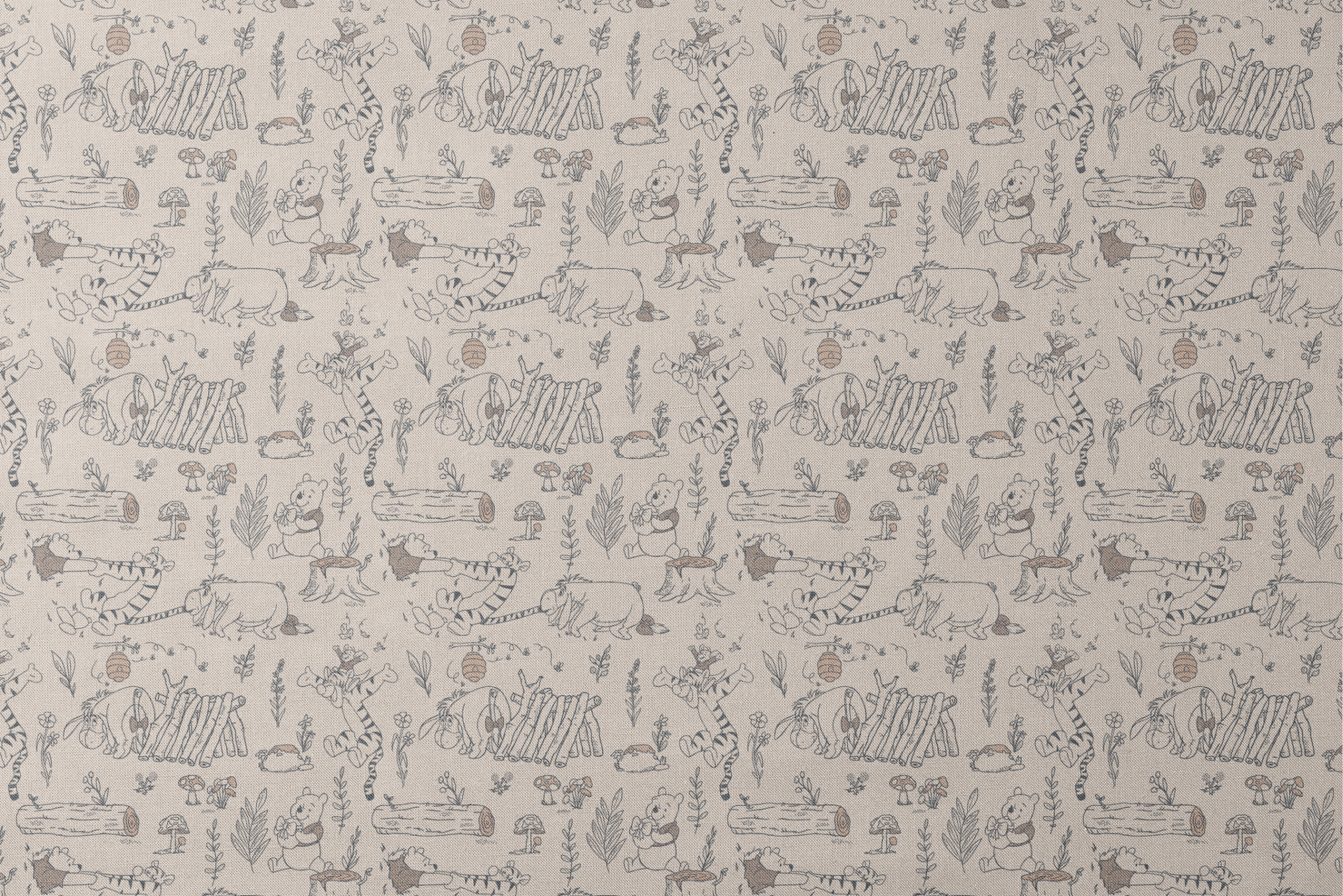 Whimsical illustrated pattern of woodland animals, logs, and plants in black line art on beige background designs flat mockup