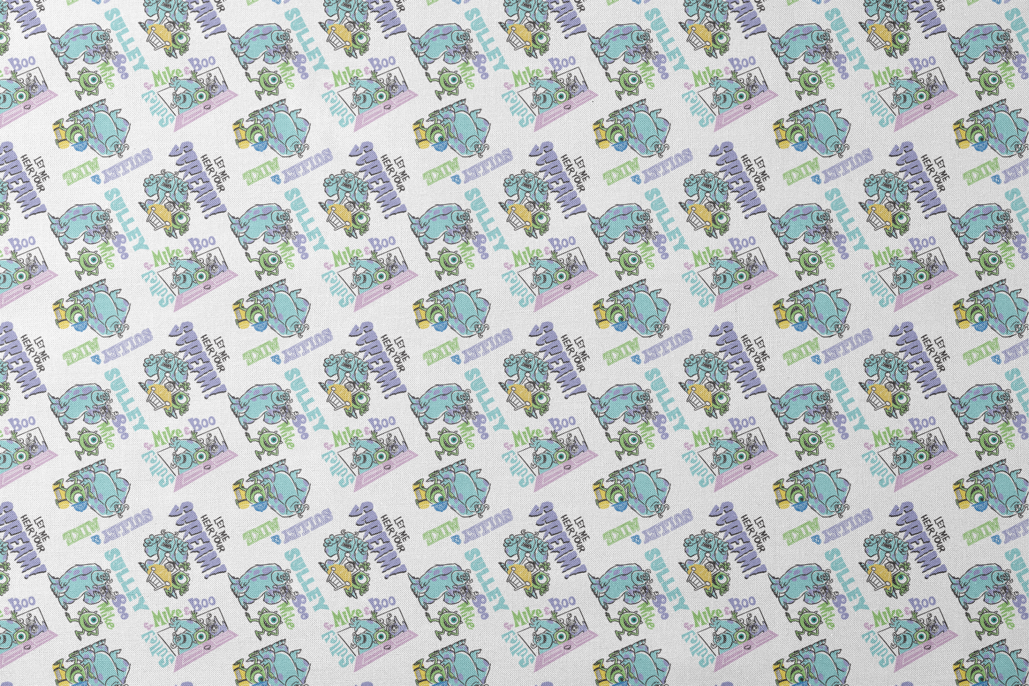 Monsters Inc pattern with Sulley and Mike characters in blue and green, with text like "Boo" and "Monsters" scattered throughout. designs flat mockup
