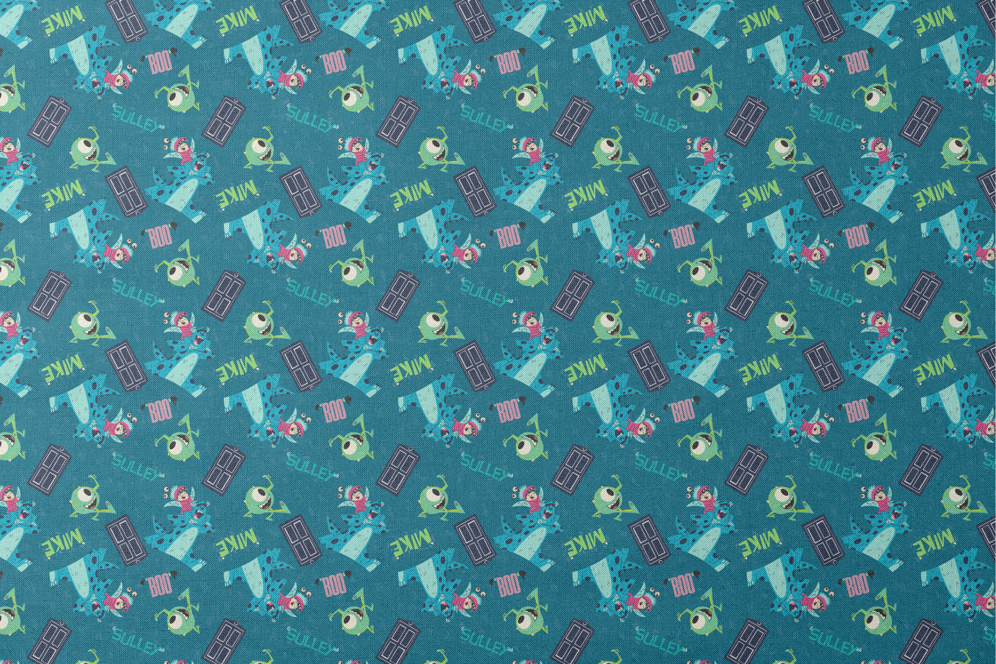 Monsters Inc pattern with Mike, Sulley, Boo characters, and doors on teal background designs flat mockup