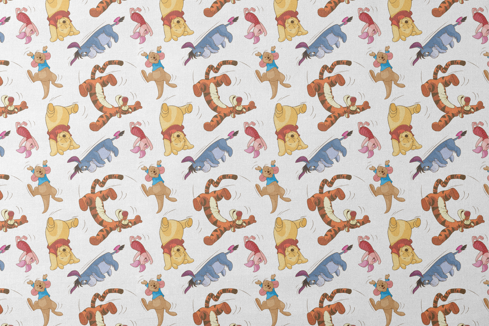 Colorful pattern featuring Winnie the Pooh characters jumping and bouncing on white background designs flat mockup